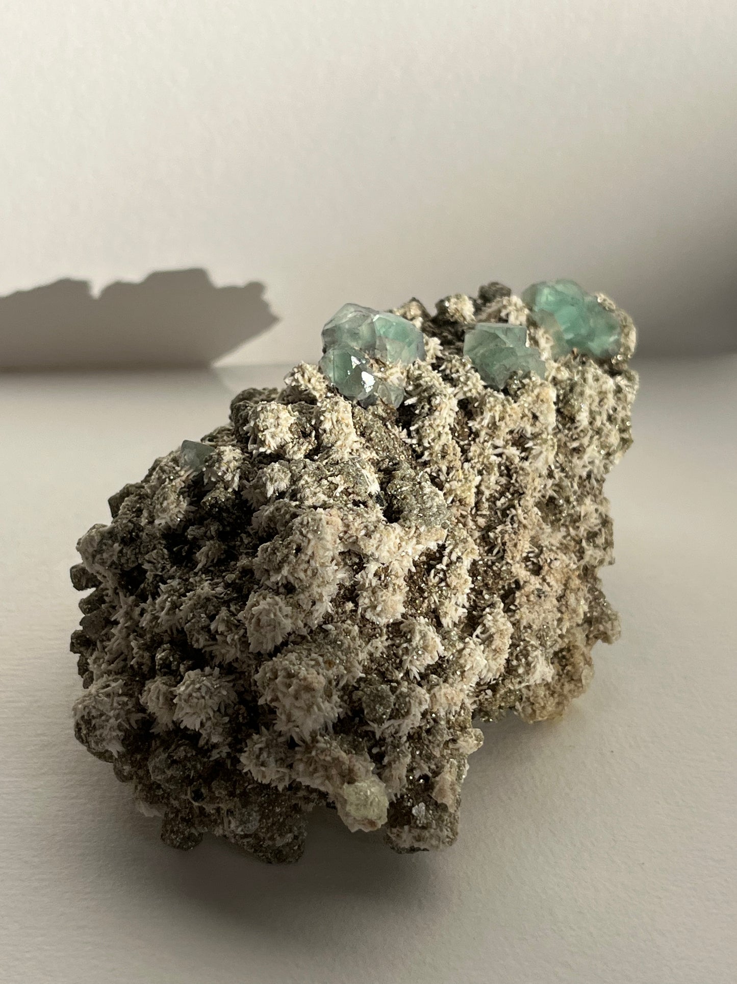 Green Fluorite on Acicular Aragonite Specimen with Muscovite, Tourmaline & Hyalite Opal