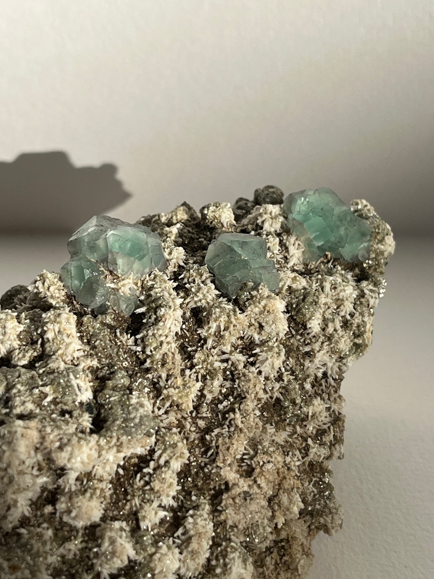 Green Fluorite on Acicular Aragonite Specimen with Muscovite, Tourmaline & Hyalite Opal