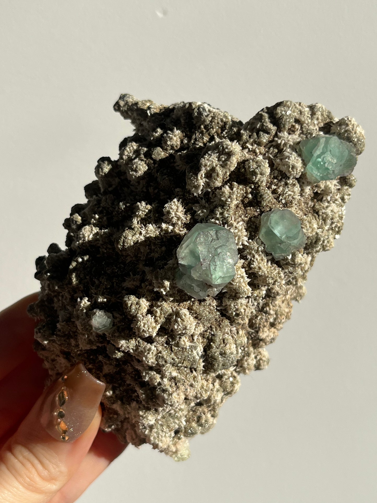 Green Fluorite on Acicular Aragonite Specimen with Muscovite, Tourmaline & Hyalite Opal