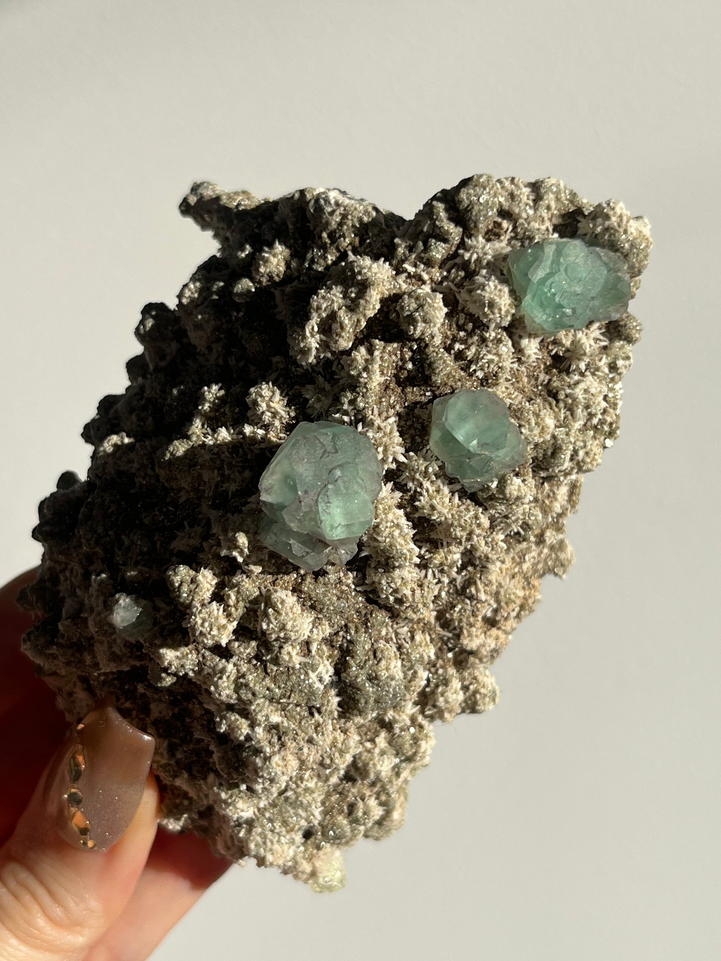 Green Fluorite on Acicular Aragonite Specimen with Muscovite, Tourmaline & Hyalite Opal