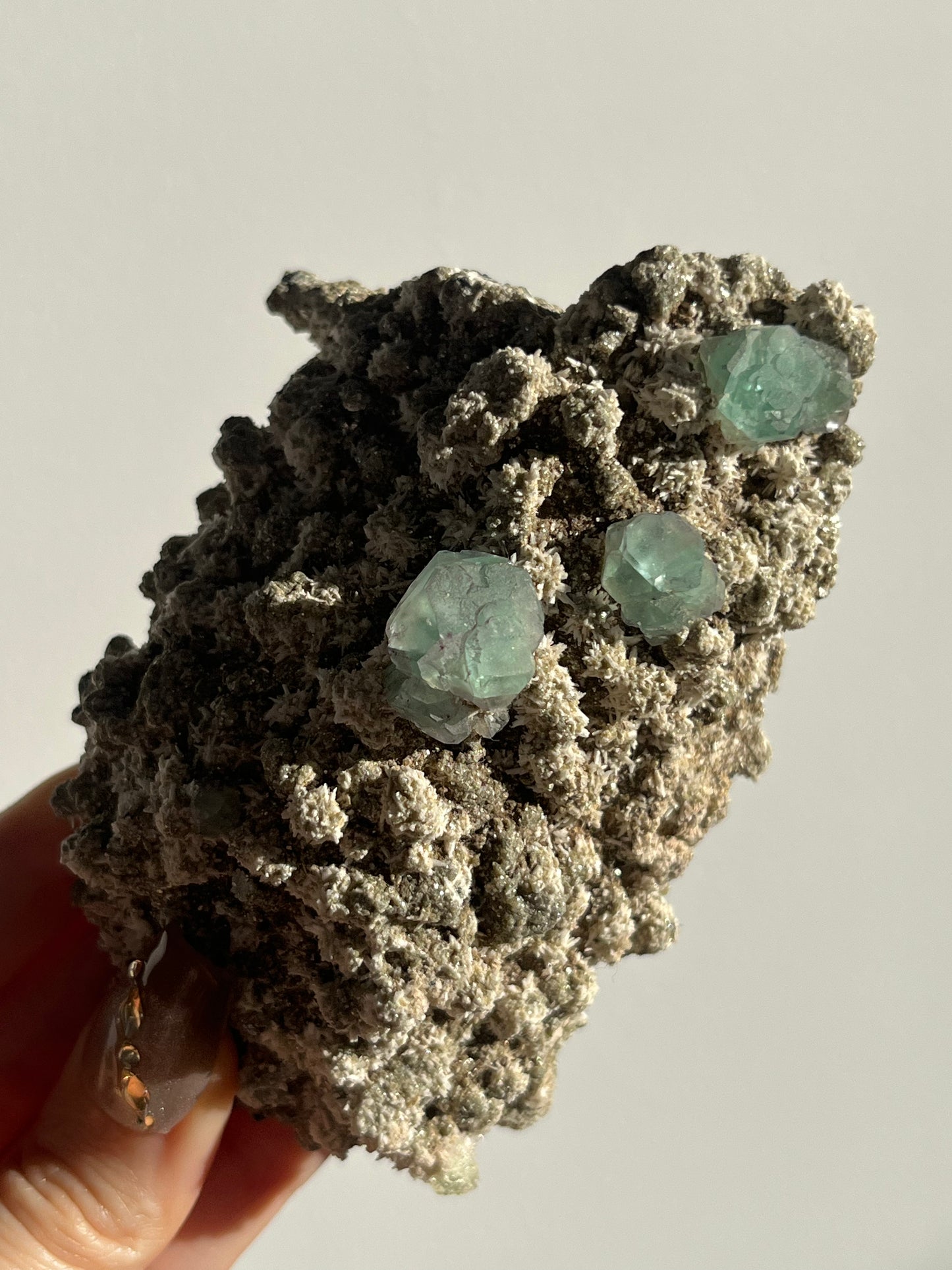 Green Fluorite on Acicular Aragonite Specimen with Muscovite, Tourmaline & Hyalite Opal