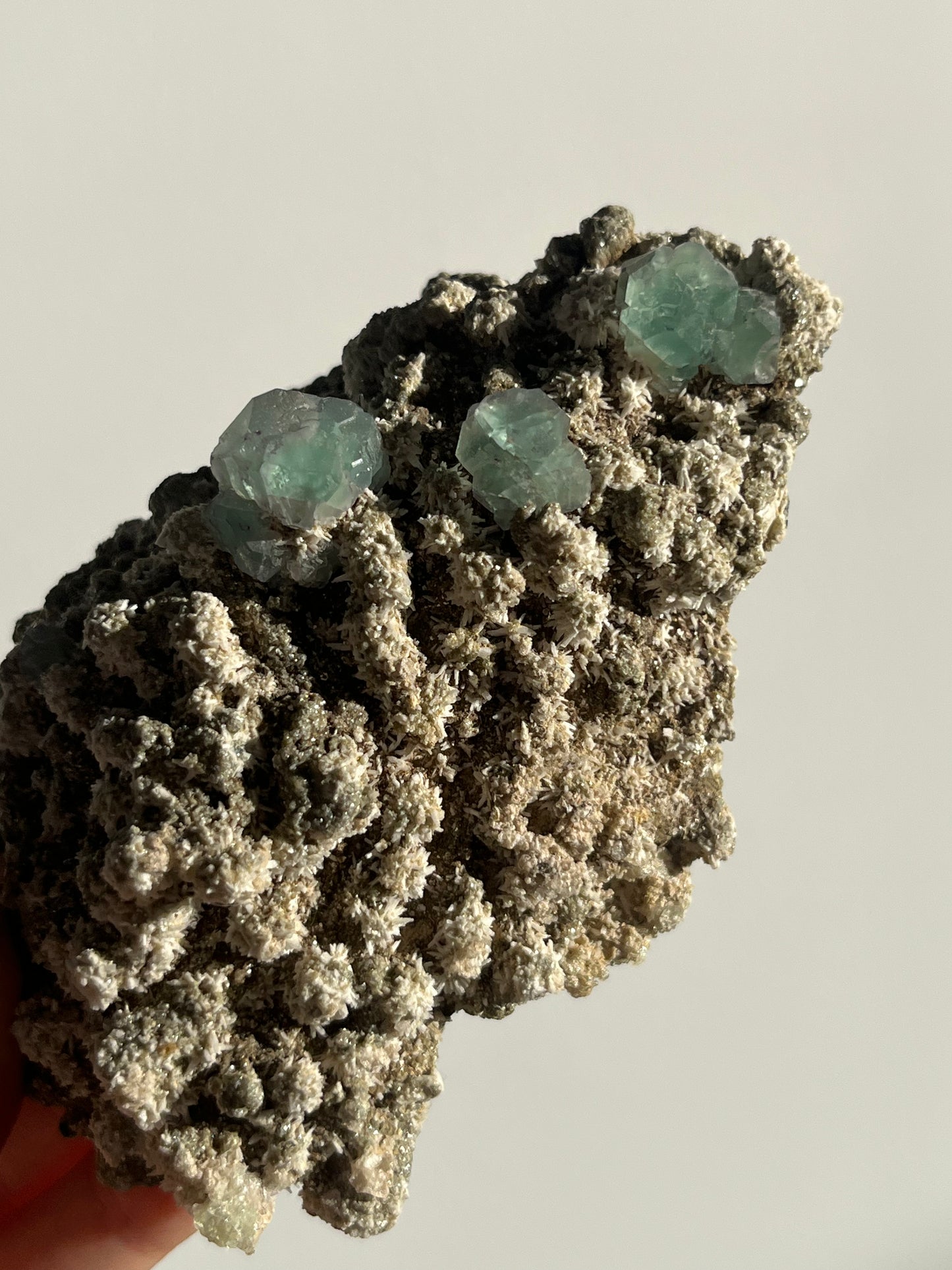 Green Fluorite on Acicular Aragonite Specimen with Muscovite, Tourmaline & Hyalite Opal