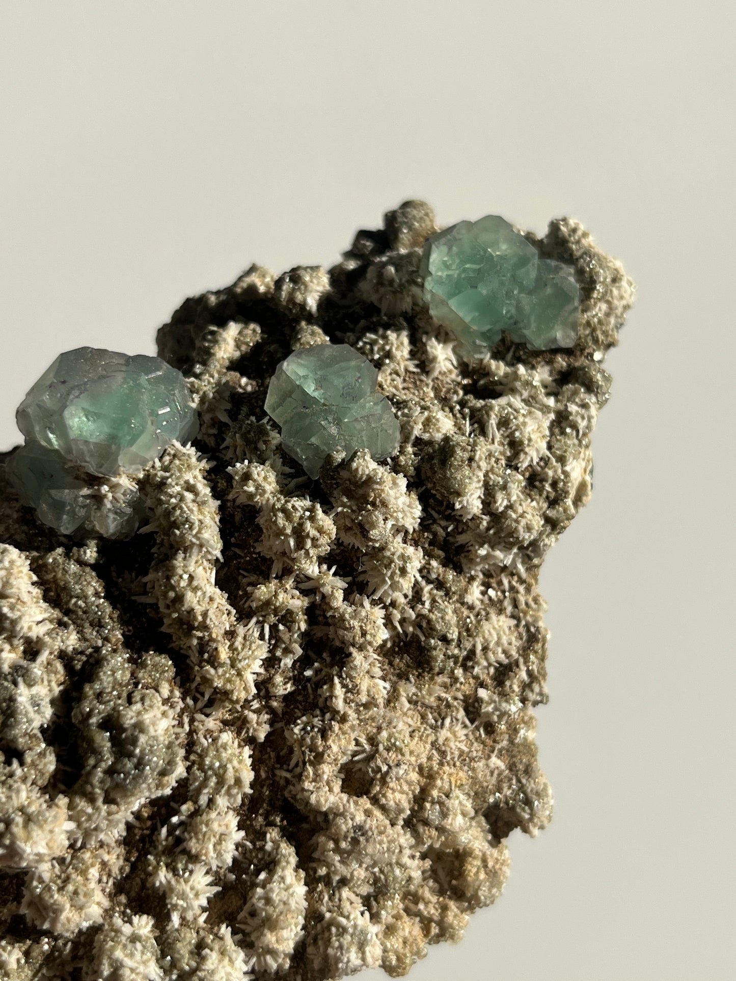 Green Fluorite on Acicular Aragonite Specimen with Muscovite, Tourmaline & Hyalite Opal
