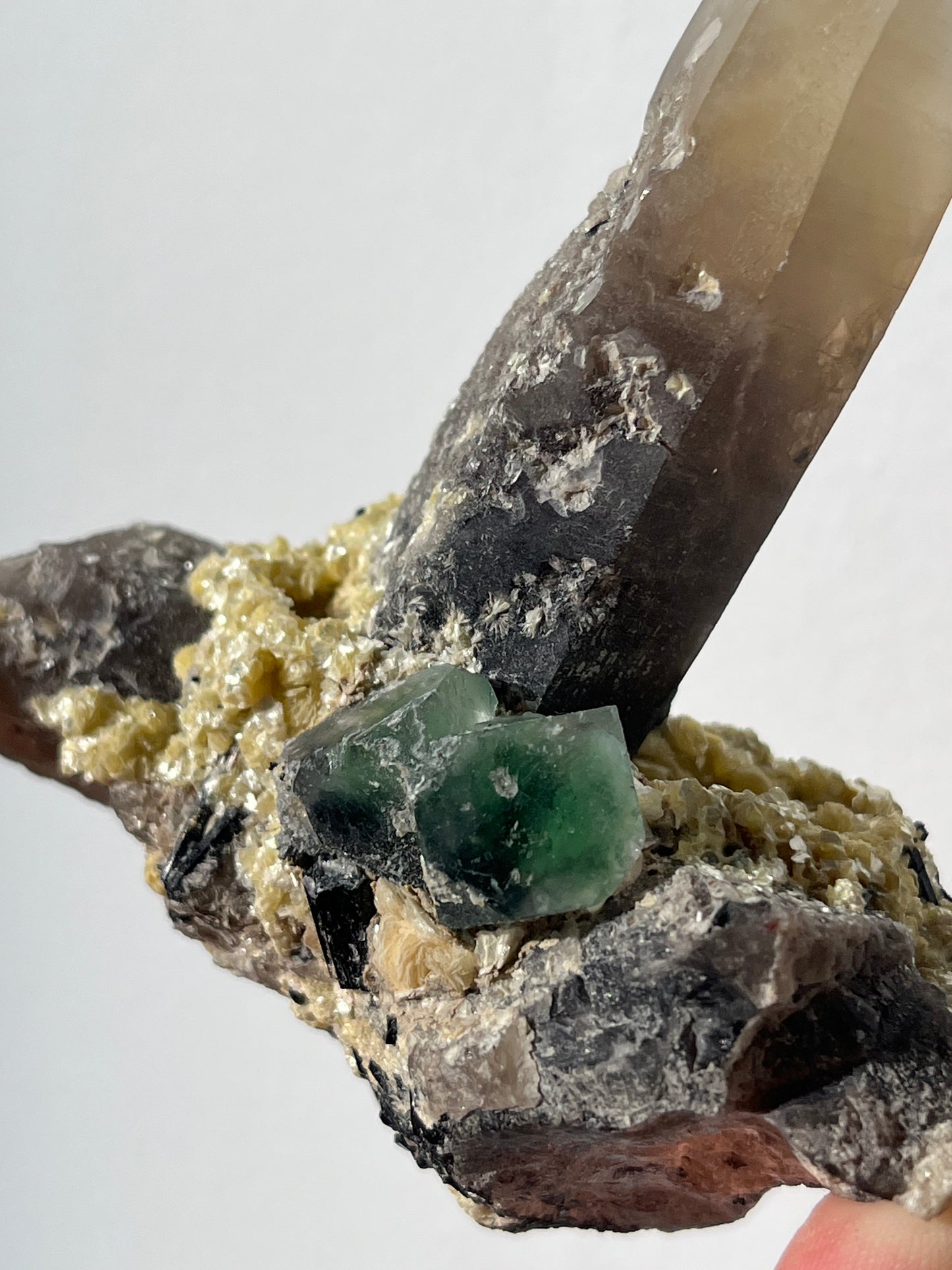 Green Erongo Fluorite with Smokey Quartz, Muscovite and Tourmaline Specimen A