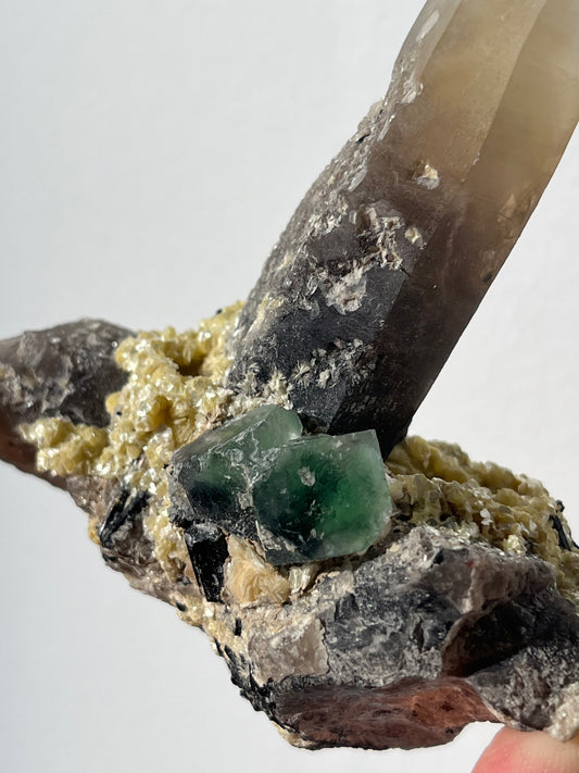 Green Erongo Fluorite with Smokey Quartz, Muscovite and Tourmaline Specimen A