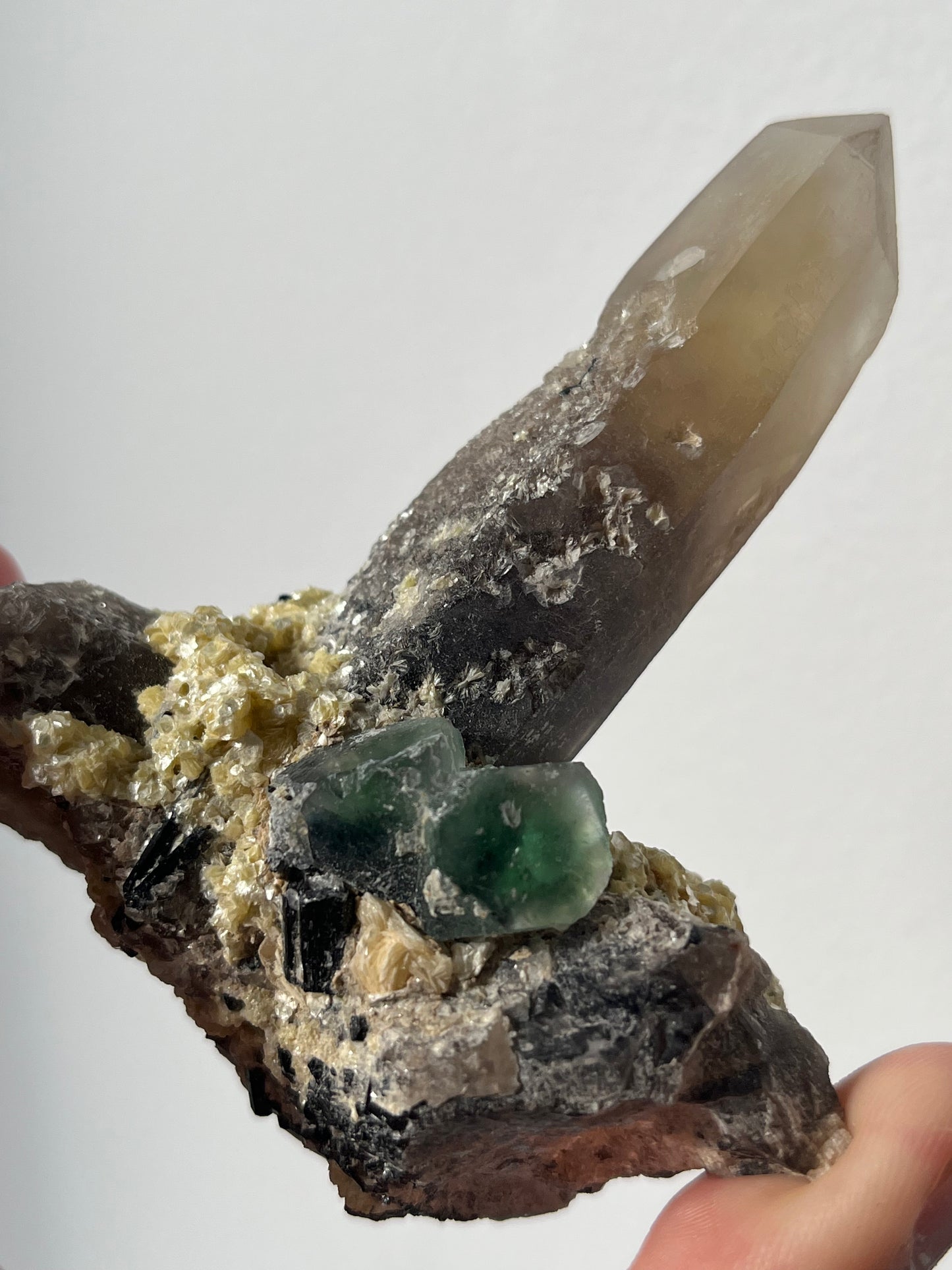Green Erongo Fluorite with Smokey Quartz, Muscovite and Tourmaline Specimen A
