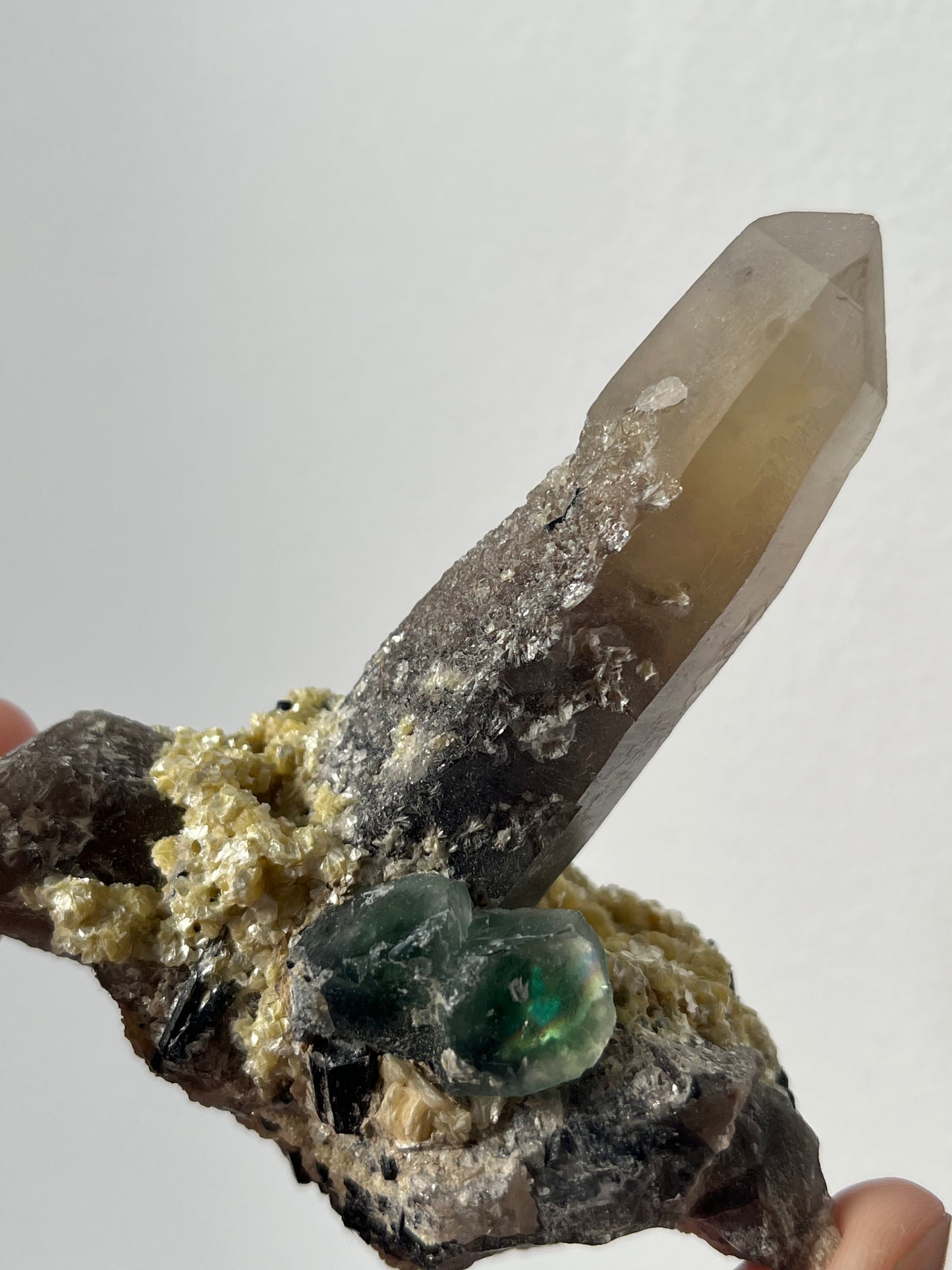 Green Erongo Fluorite with Smokey Quartz, Muscovite and Tourmaline Specimen A