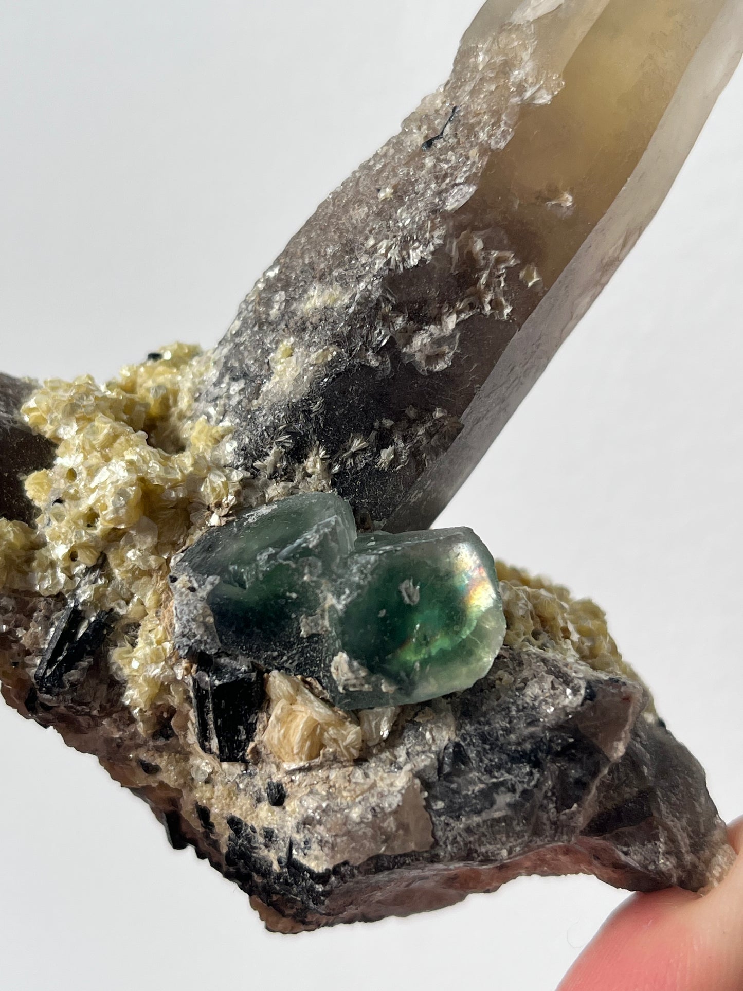 Green Erongo Fluorite with Smokey Quartz, Muscovite and Tourmaline Specimen A