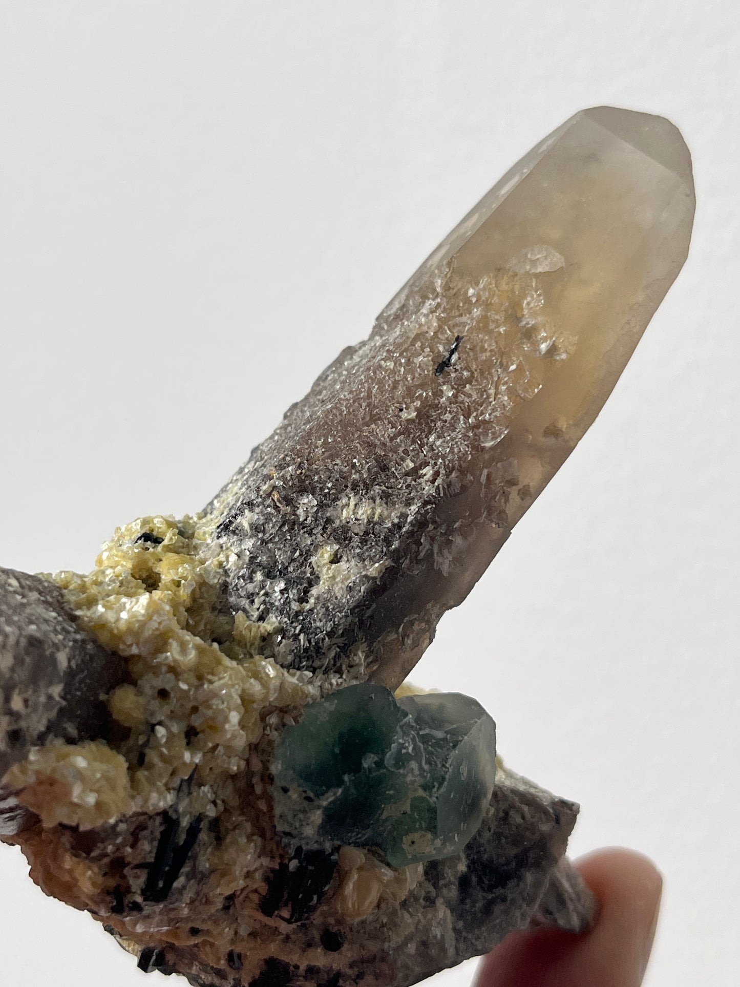 Green Erongo Fluorite with Smokey Quartz, Muscovite and Tourmaline Specimen A