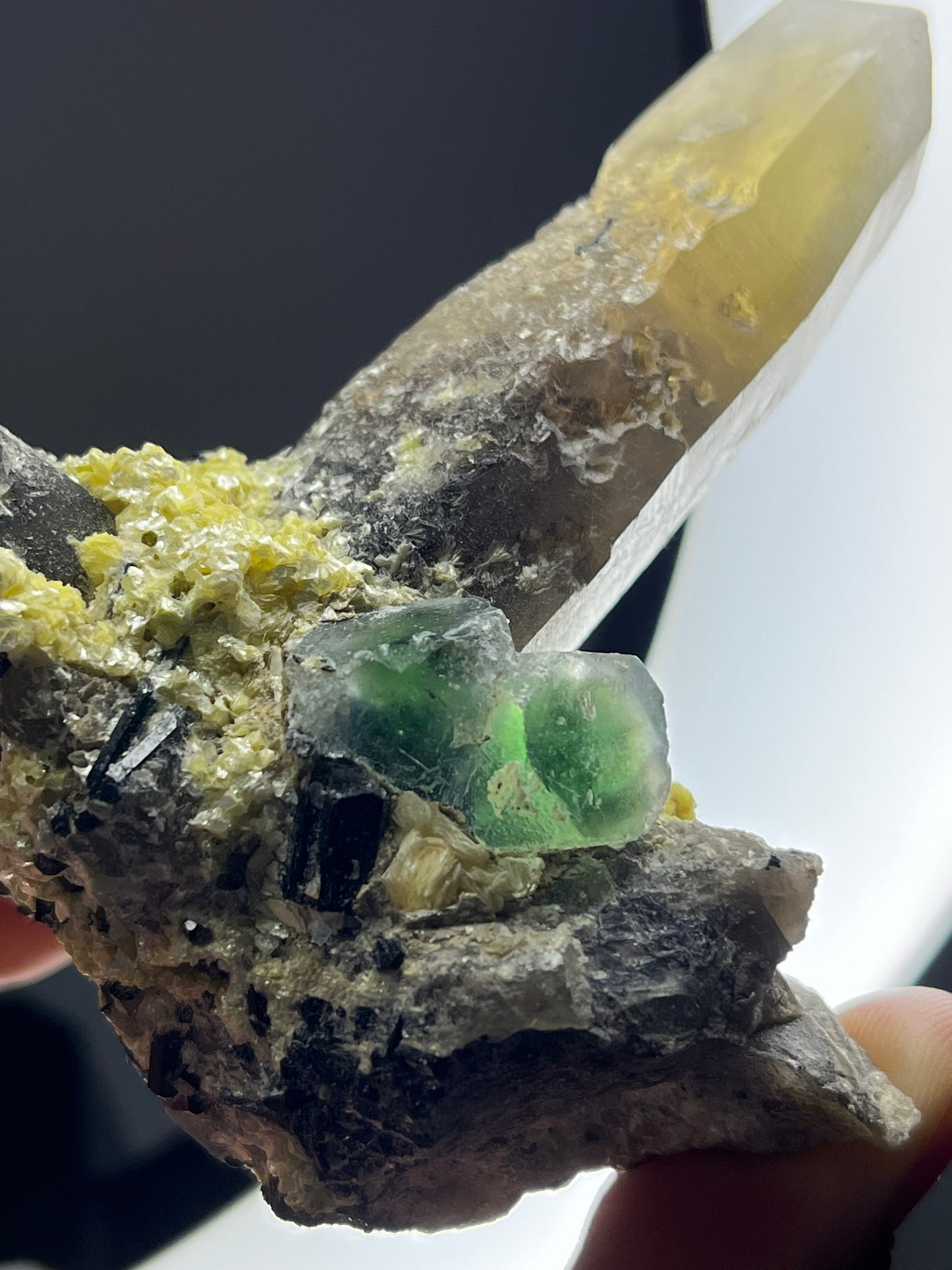 Green Erongo Fluorite with Smokey Quartz, Muscovite and Tourmaline Specimen A