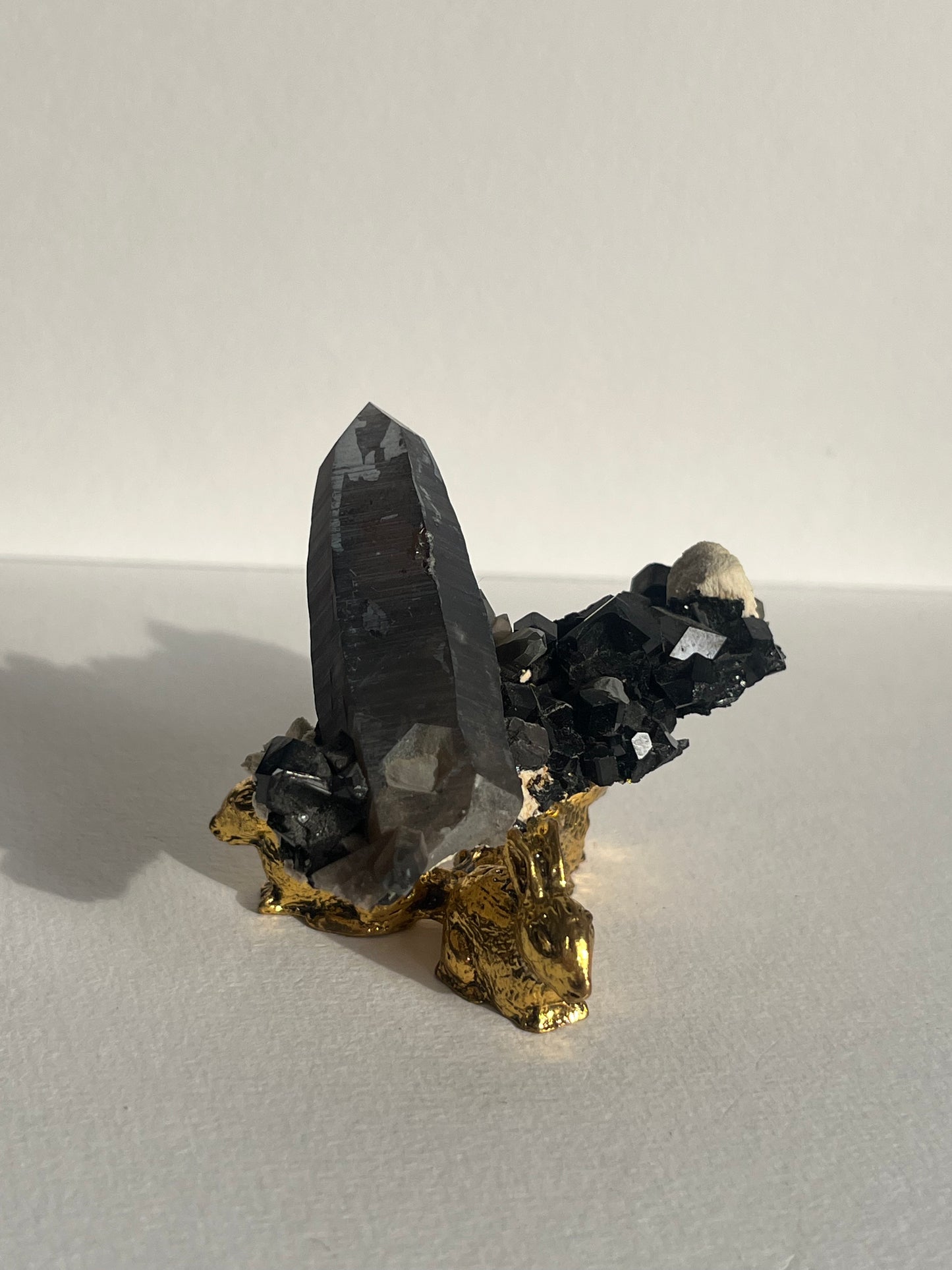 Natural Iridescent Smokey Quartz with Schorl Tourmaline on Feldspar Specimen A