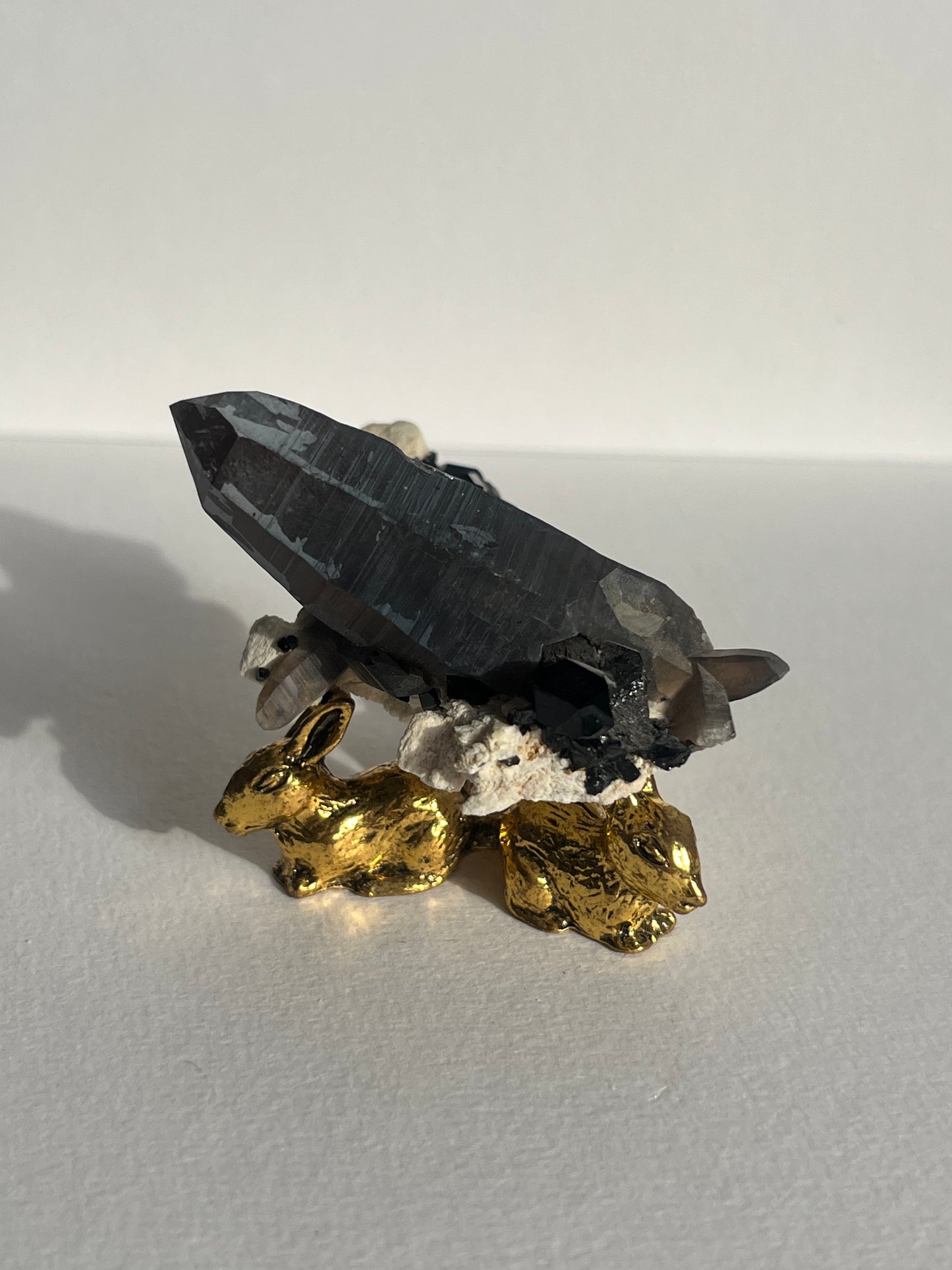 Natural Iridescent Smokey Quartz with Schorl Tourmaline on Feldspar Specimen A