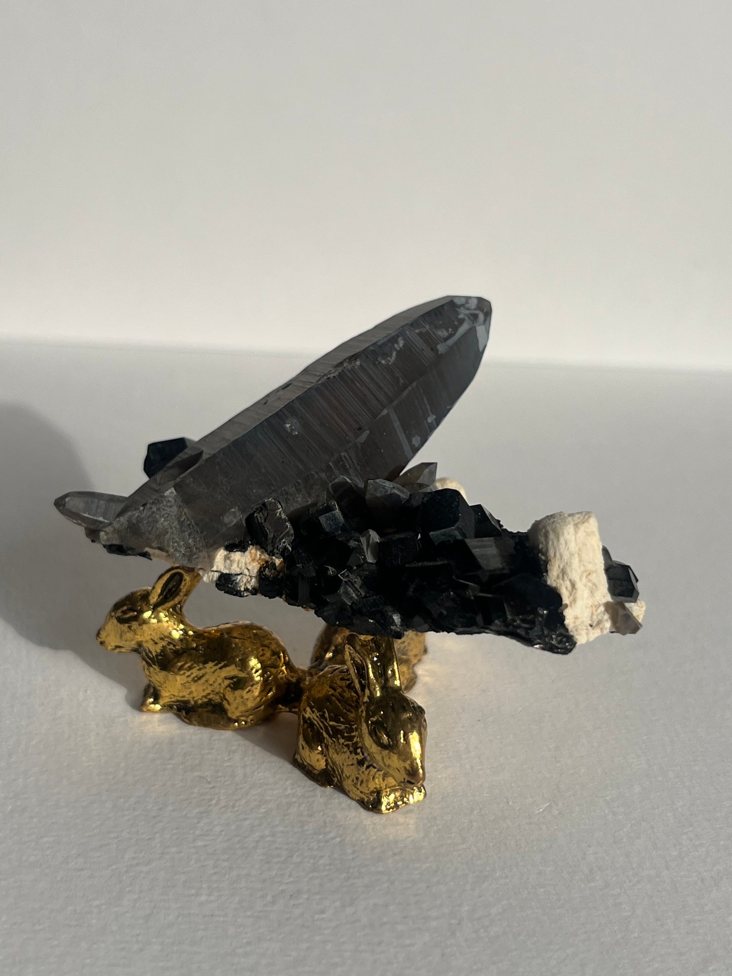 Natural Iridescent Smokey Quartz with Schorl Tourmaline on Feldspar Specimen A
