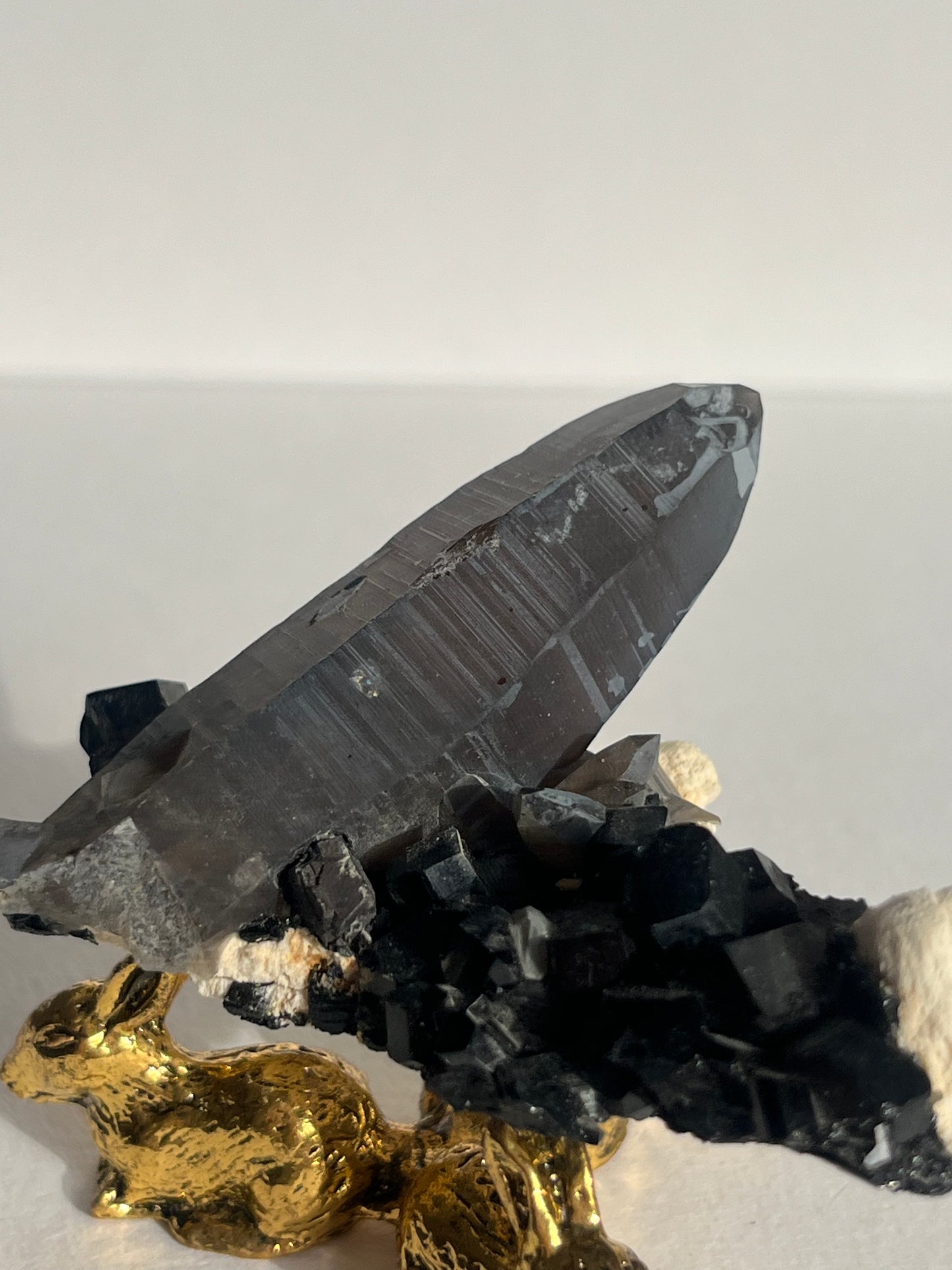 Natural Iridescent Smokey Quartz with Schorl Tourmaline on Feldspar Specimen A