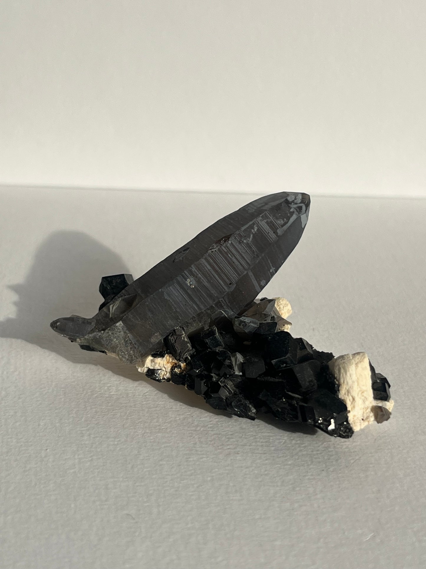 Natural Iridescent Smokey Quartz with Schorl Tourmaline on Feldspar Specimen A