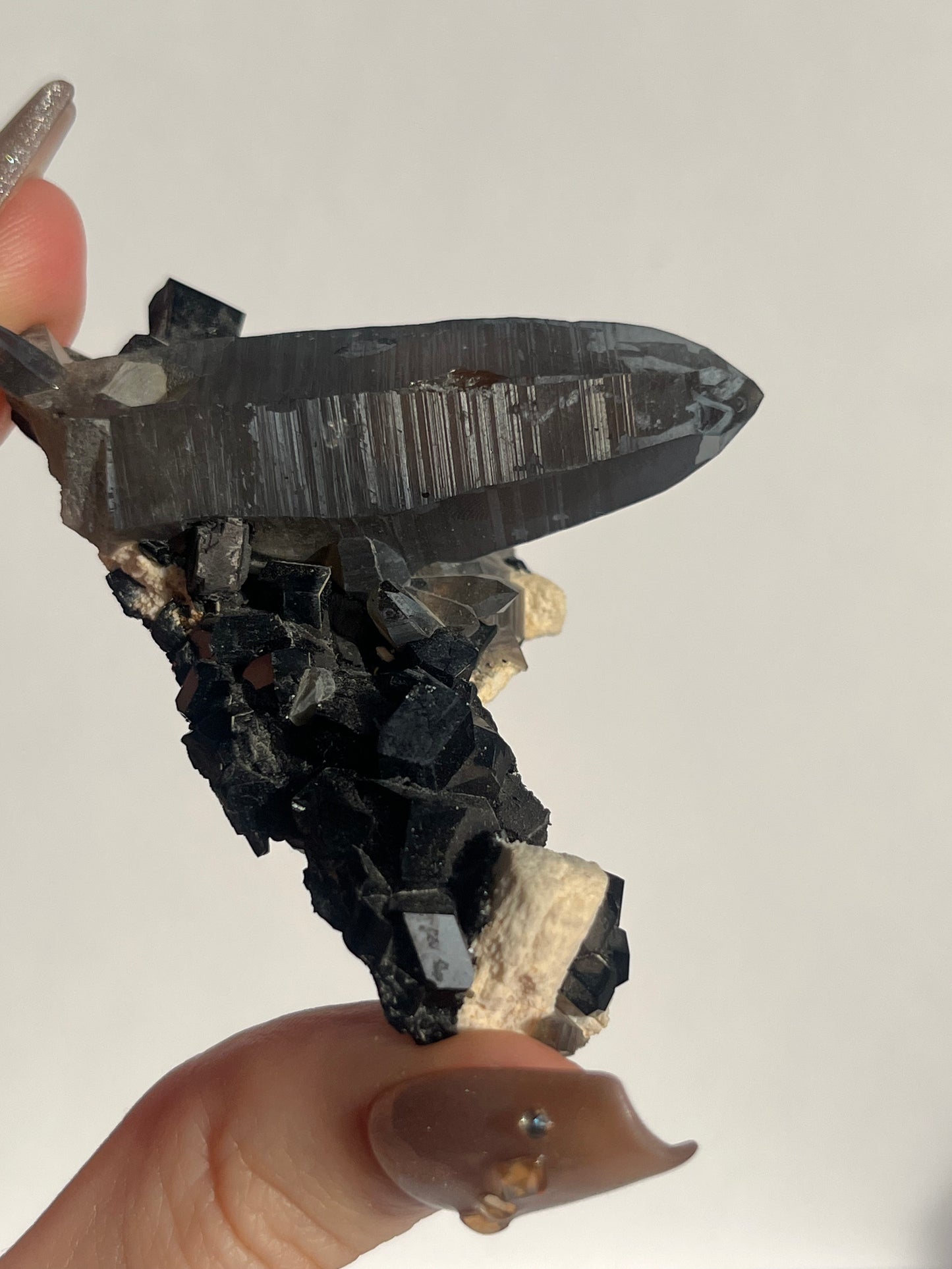 Natural Iridescent Smokey Quartz with Schorl Tourmaline on Feldspar Specimen A