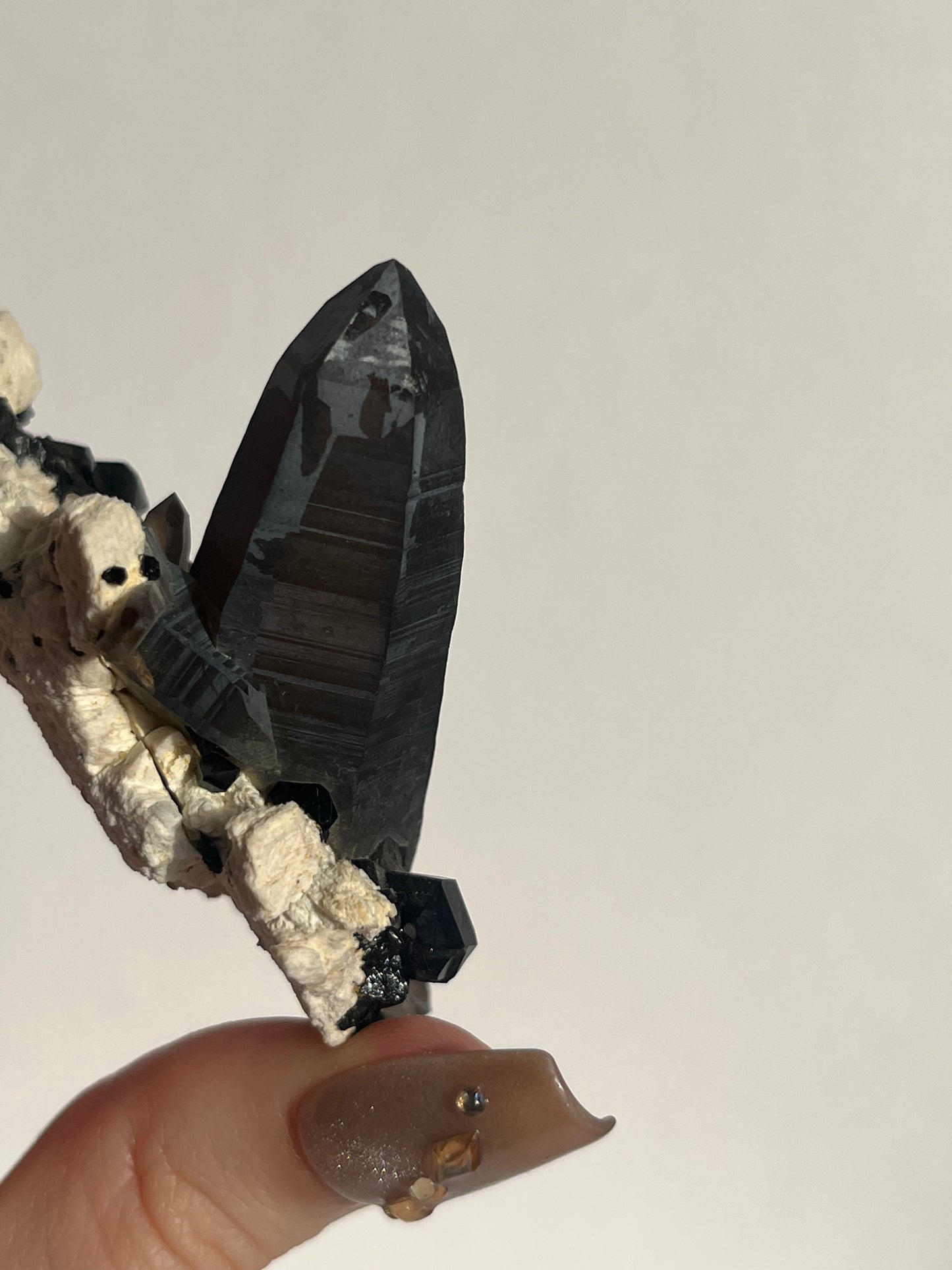 Natural Iridescent Smokey Quartz with Schorl Tourmaline on Feldspar Specimen A