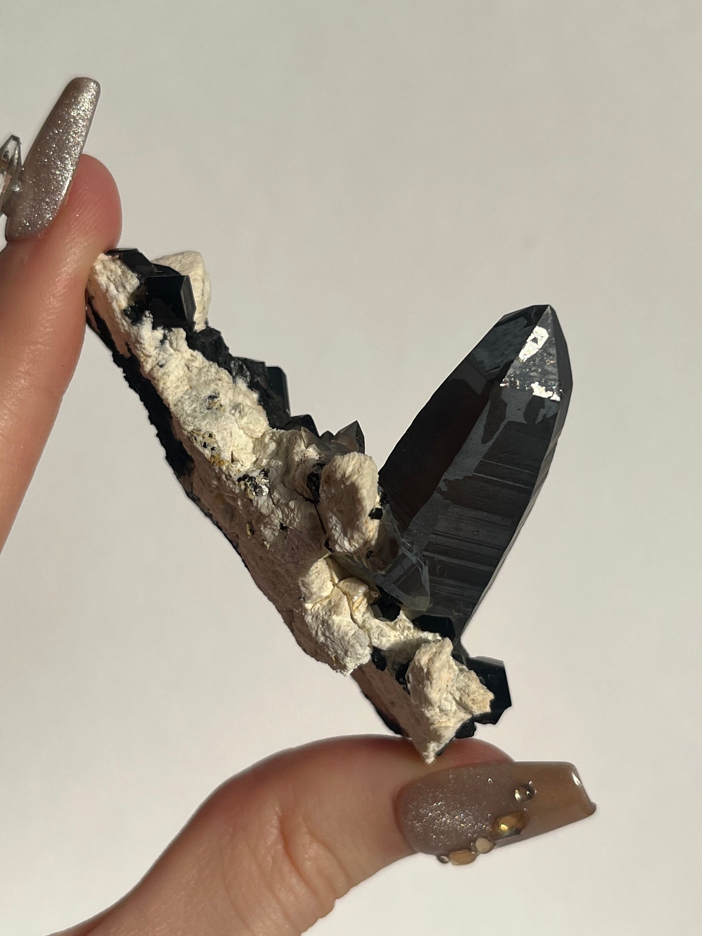 Natural Iridescent Smokey Quartz with Schorl Tourmaline on Feldspar Specimen A