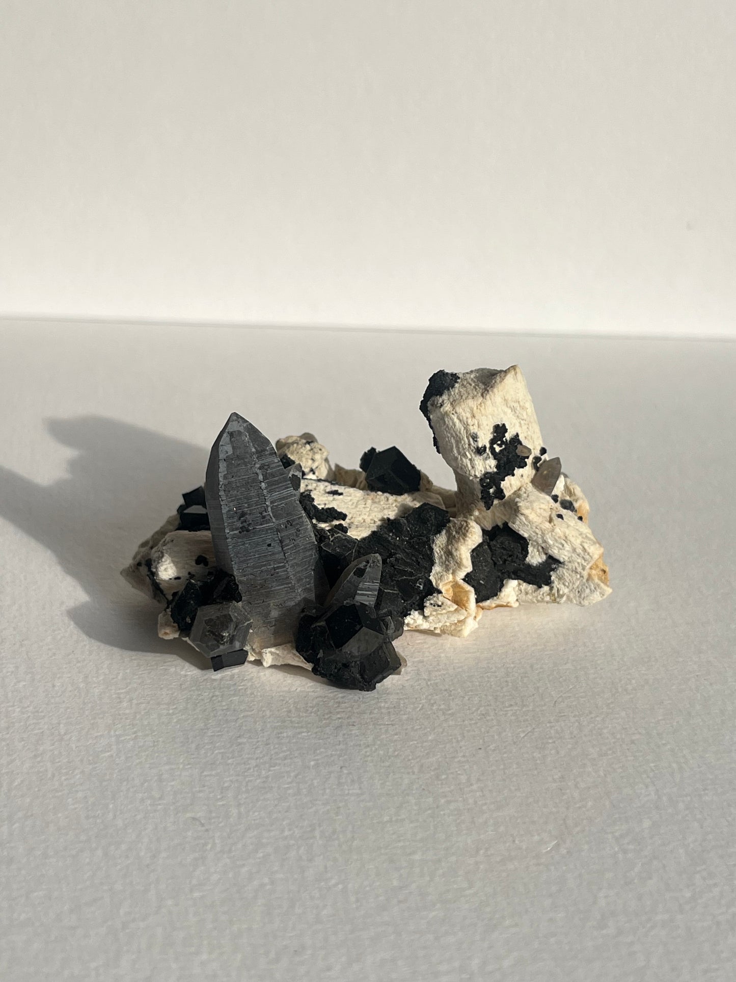 Natural Smokey Quartz with Schorl Tourmaline on Feldspar Specimen B