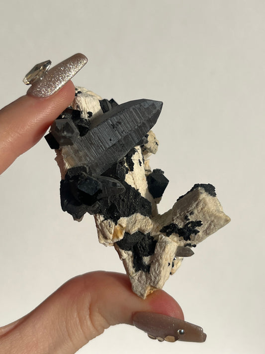 Natural Smokey Quartz with Schorl Tourmaline on Feldspar Specimen B