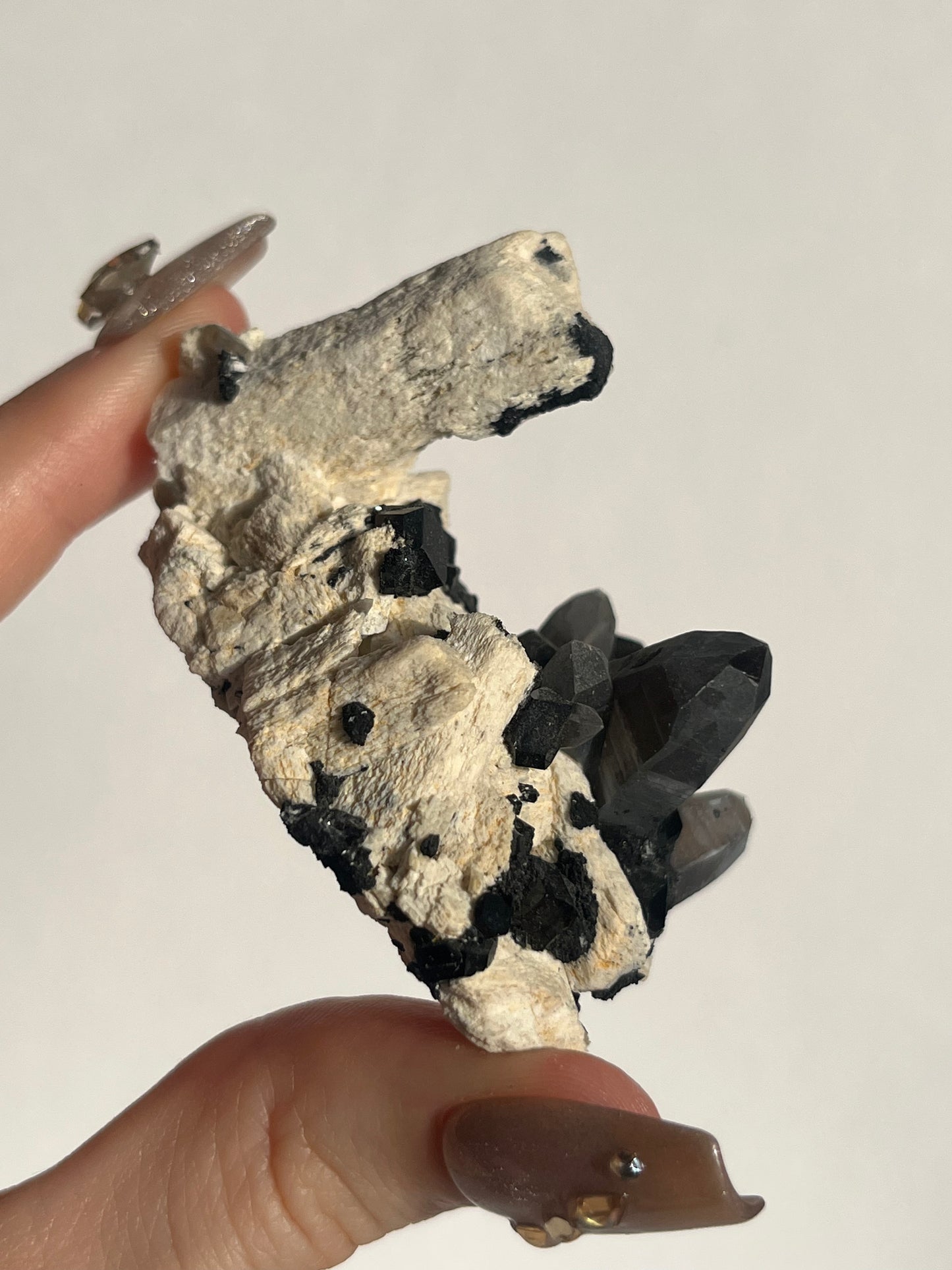 Natural Smokey Quartz with Schorl Tourmaline on Feldspar Specimen B