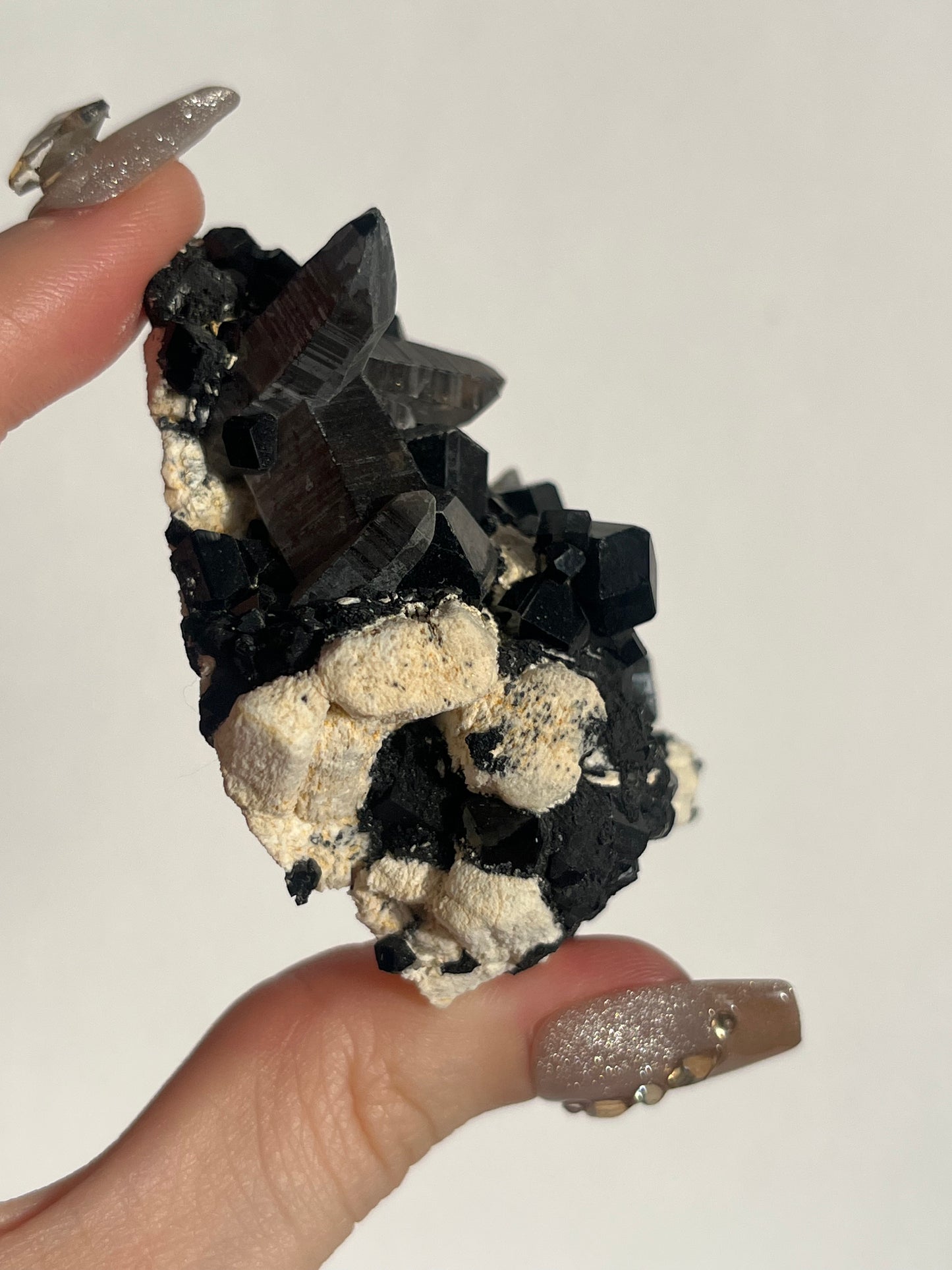 Natural Smokey Quartz with Schorl Tourmaline on Feldspar Specimen C