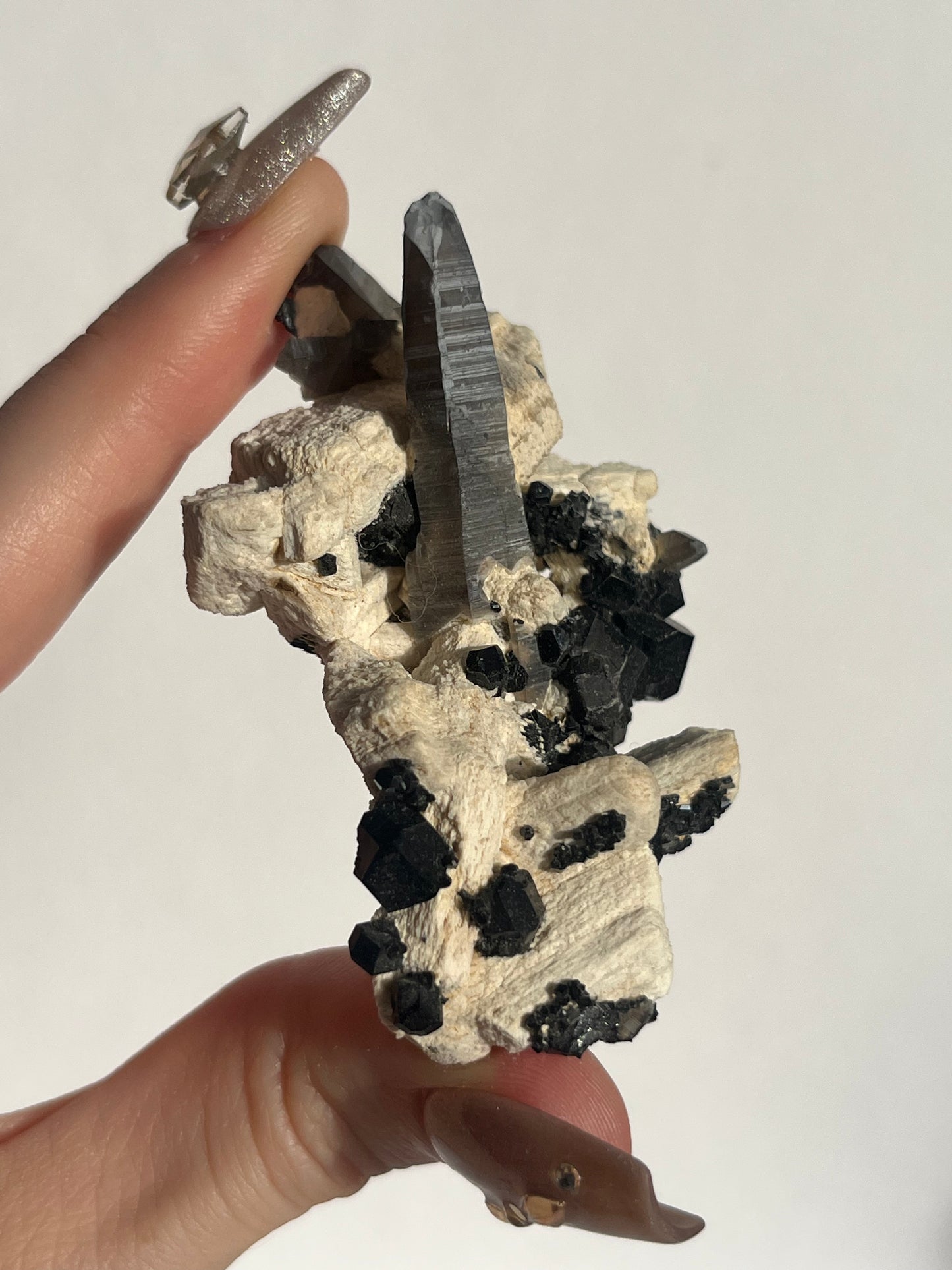 Natural Smokey Quartz with Schorl Tourmaline on Feldspar Specimen D