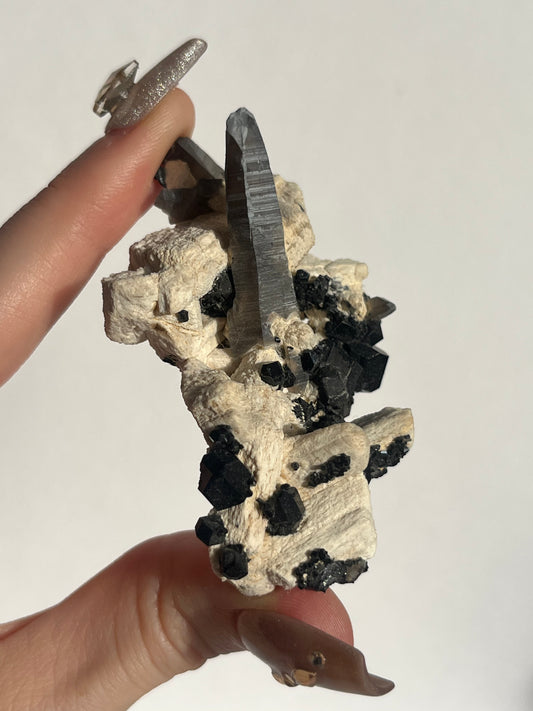 Natural Smokey Quartz with Schorl Tourmaline on Feldspar Specimen D