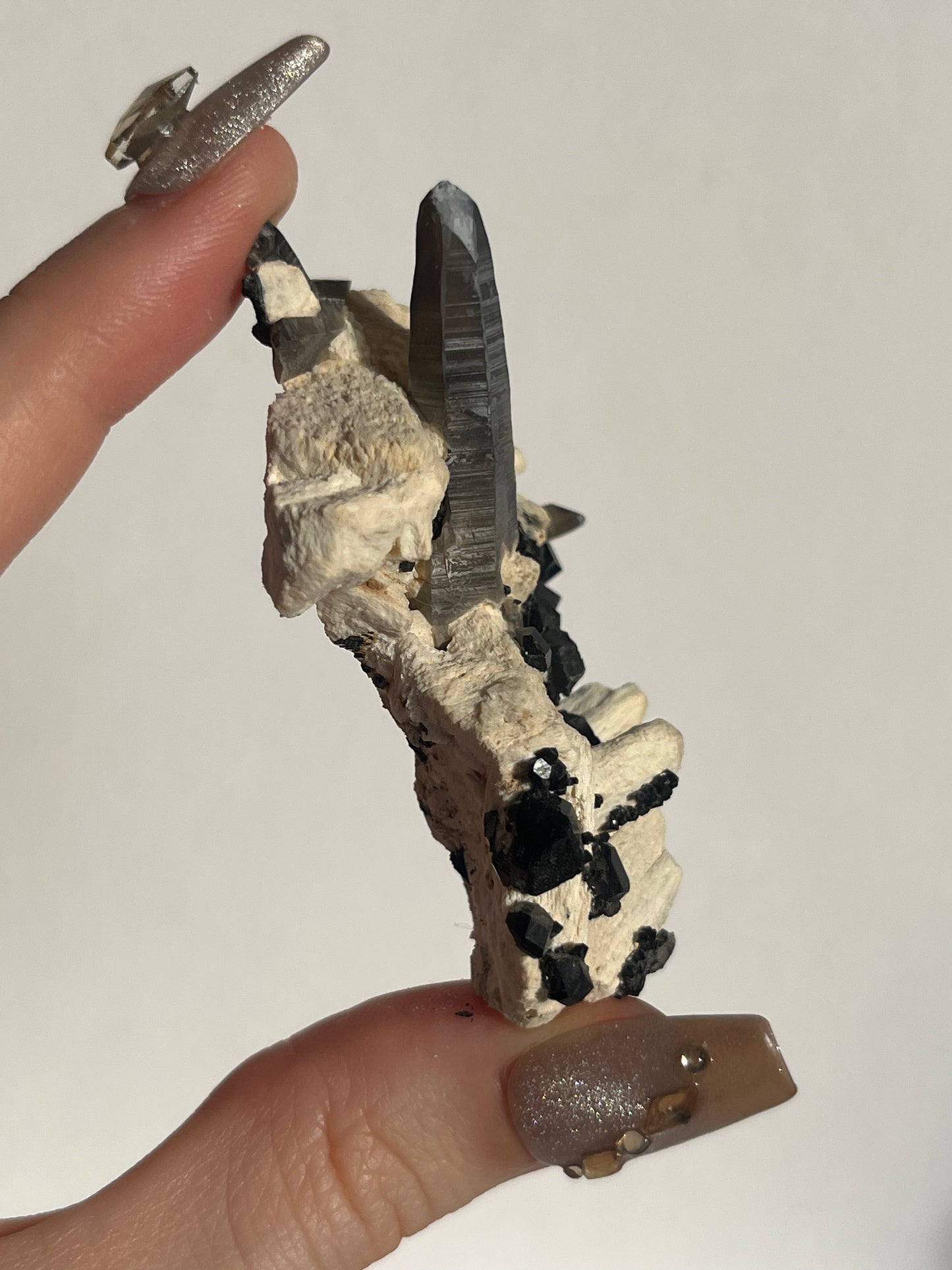 Natural Smokey Quartz with Schorl Tourmaline on Feldspar Specimen D