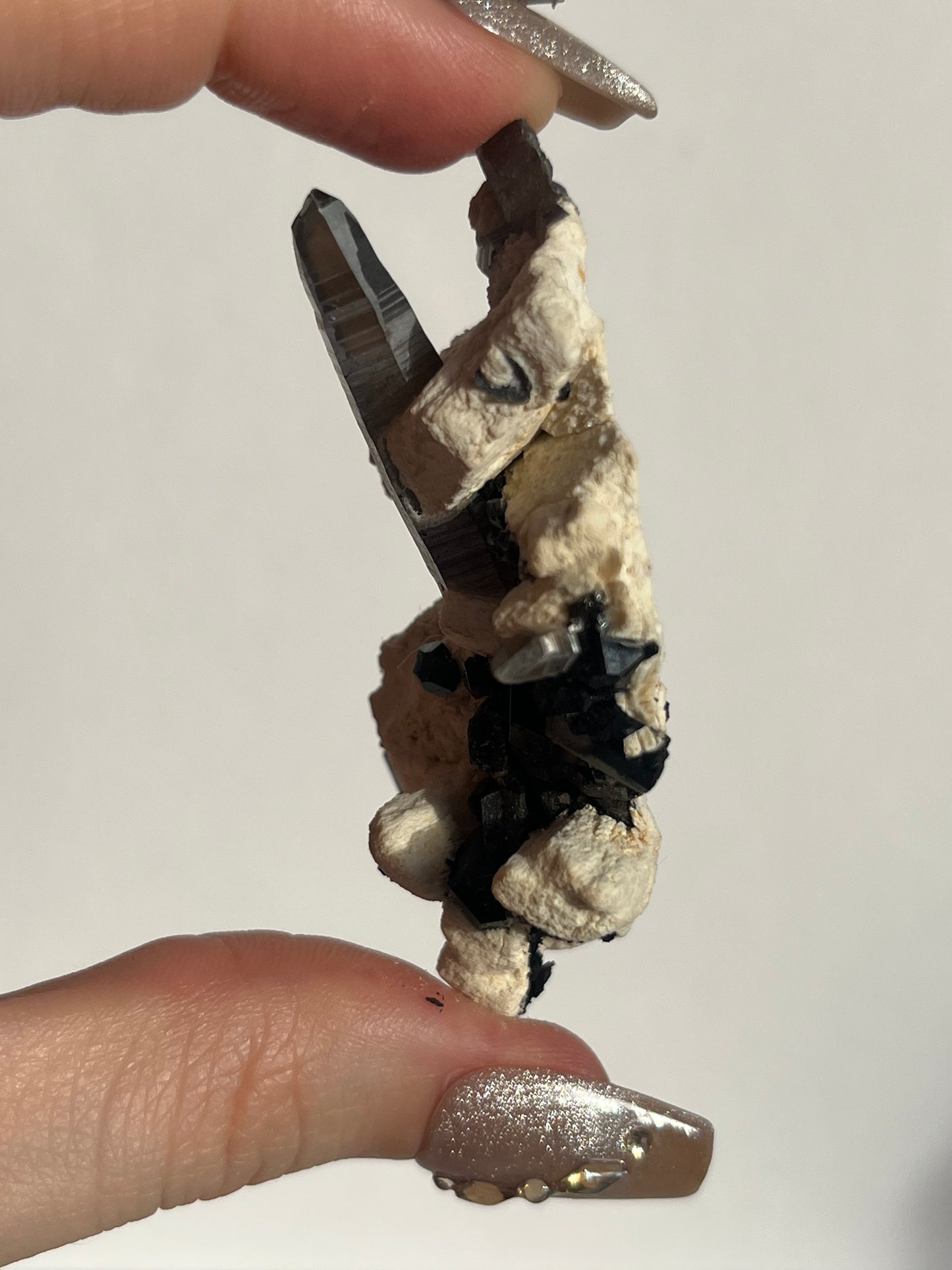 Natural Smokey Quartz with Schorl Tourmaline on Feldspar Specimen D
