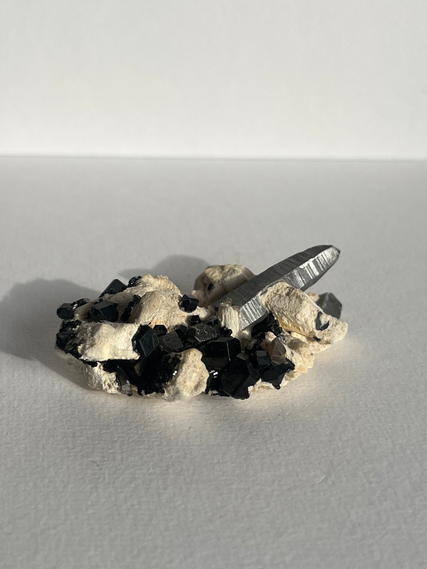 Natural Smokey Quartz with Schorl Tourmaline on Feldspar Specimen D