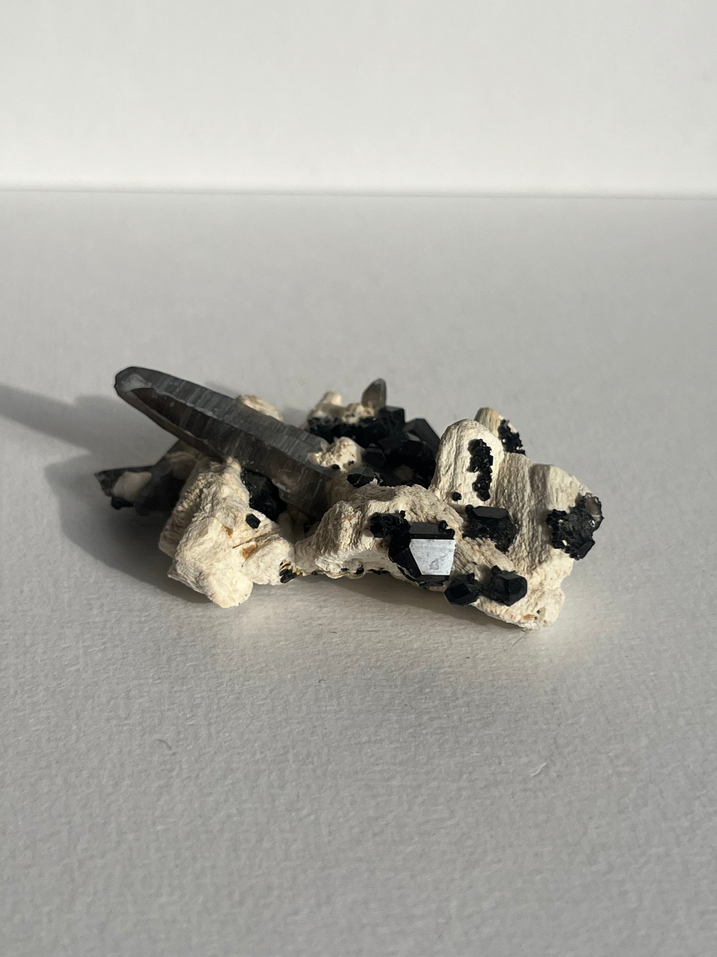Natural Smokey Quartz with Schorl Tourmaline on Feldspar Specimen D