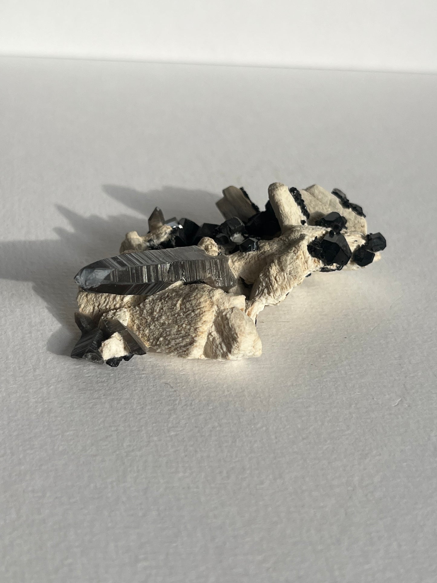 Natural Smokey Quartz with Schorl Tourmaline on Feldspar Specimen D
