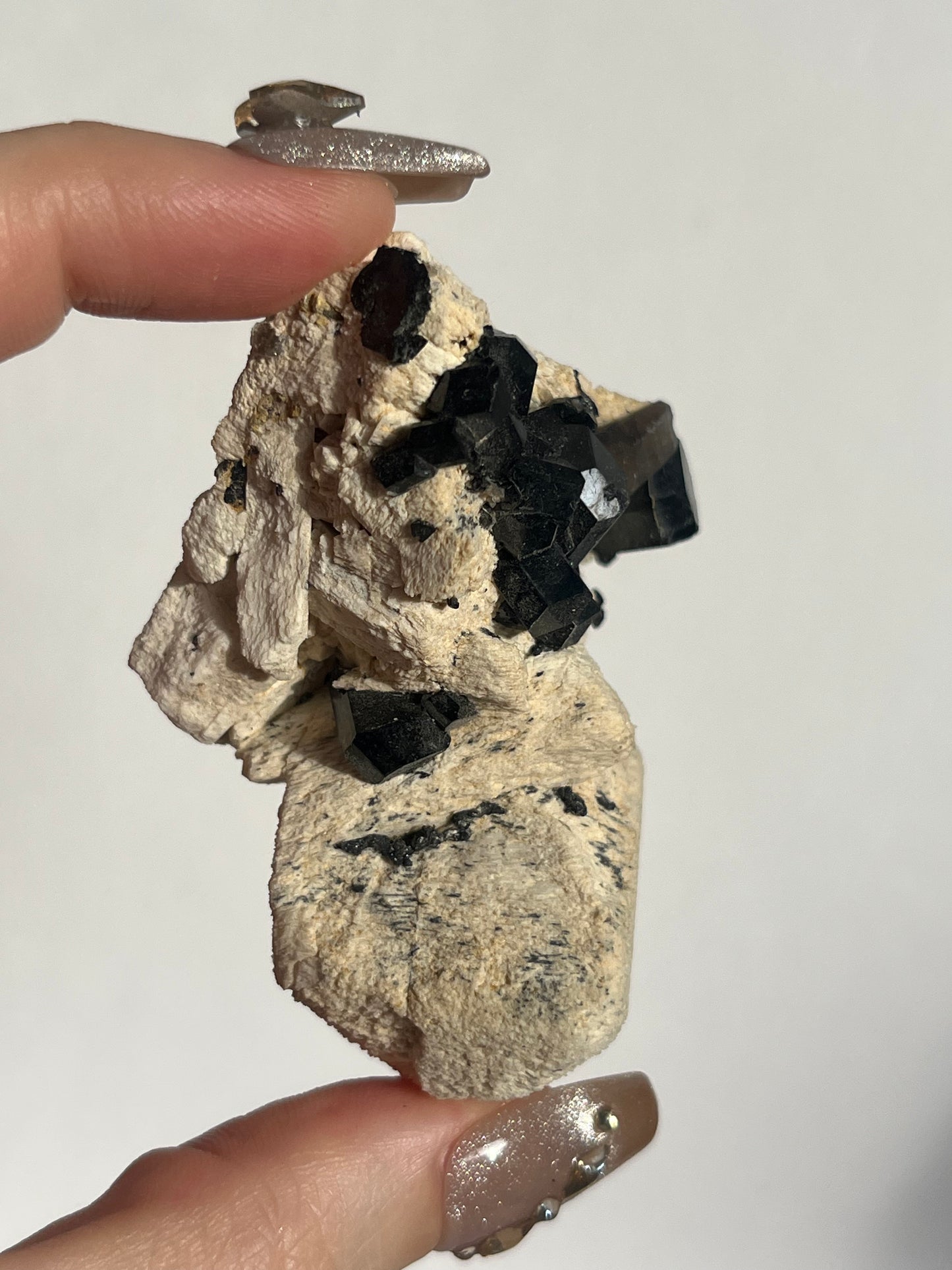 Natural Smokey Quartz with Schorl Tourmaline on Feldspar Specimen E