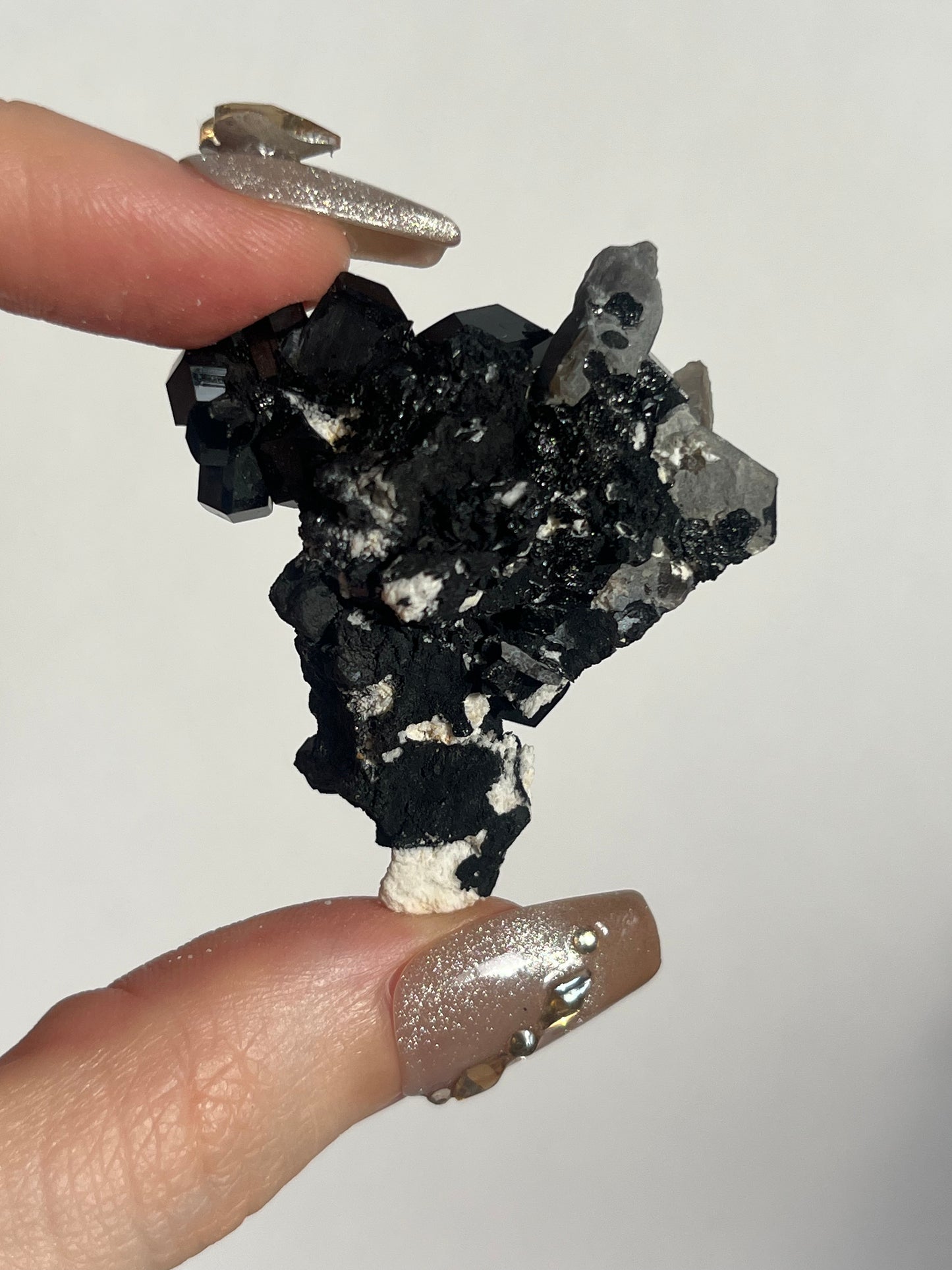 Natural Smokey Quartz with Schorl Tourmaline on Feldspar Specimen F