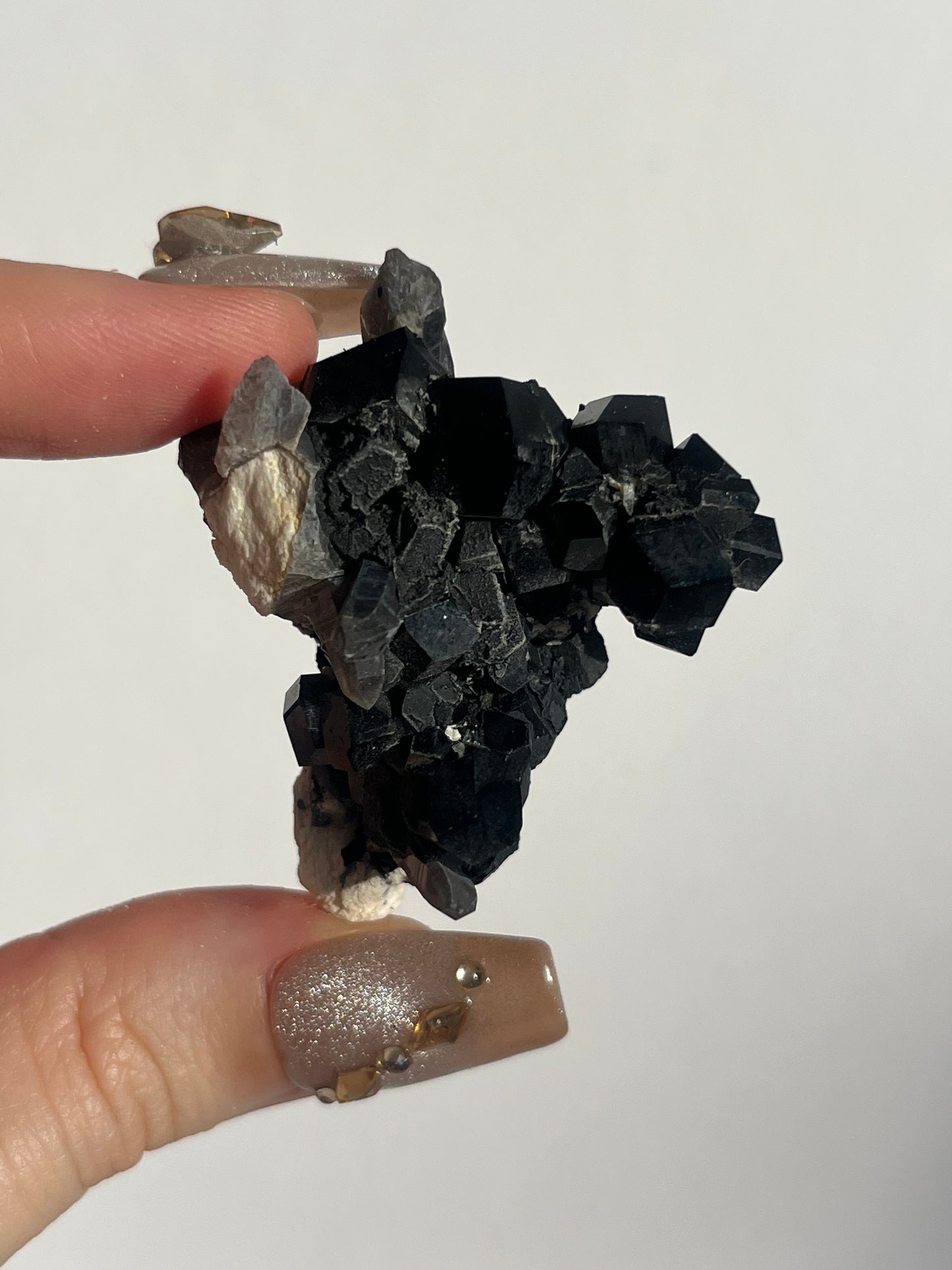 Natural Smokey Quartz with Schorl Tourmaline on Feldspar Specimen F