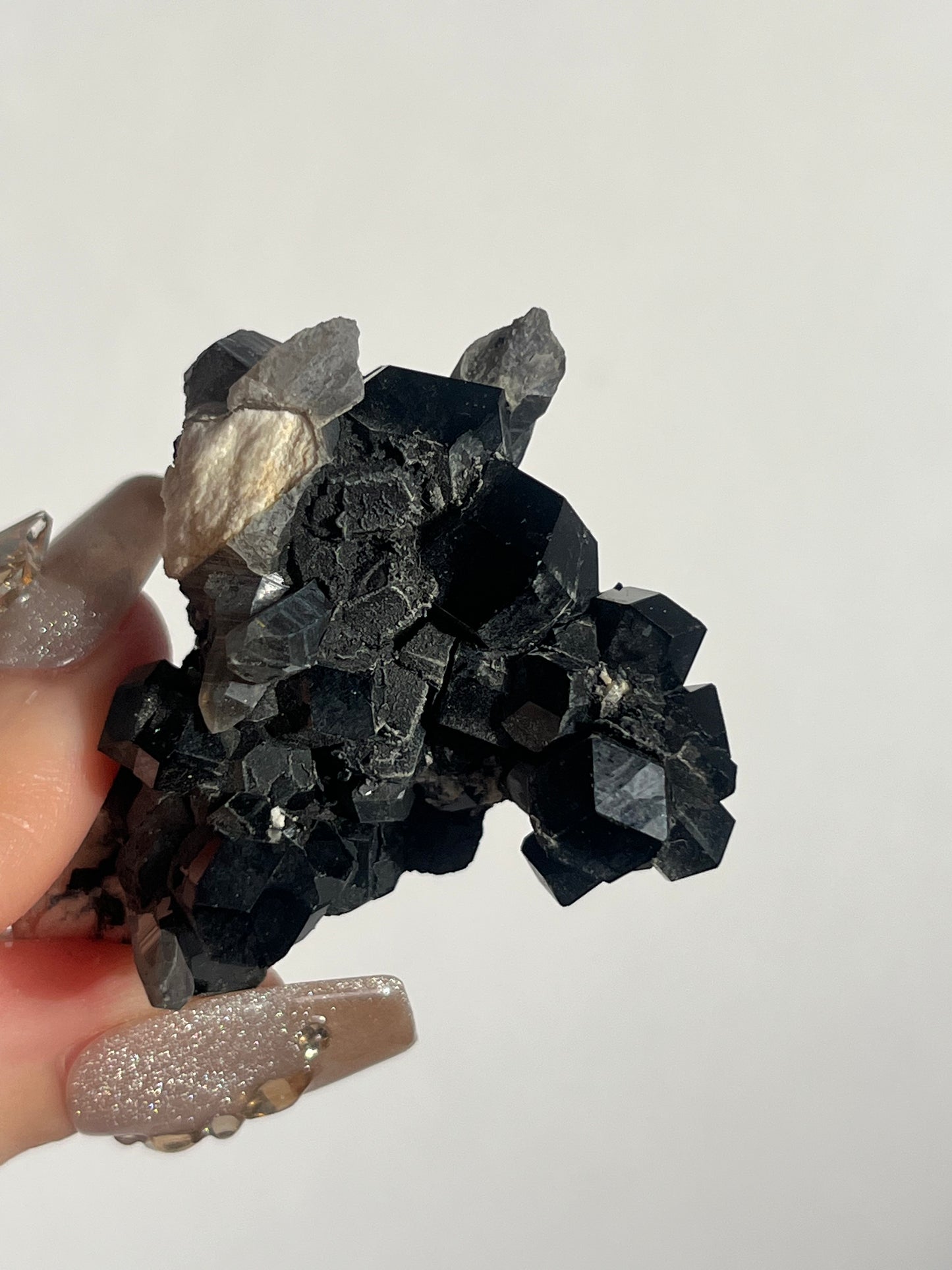 Natural Smokey Quartz with Schorl Tourmaline on Feldspar Specimen F