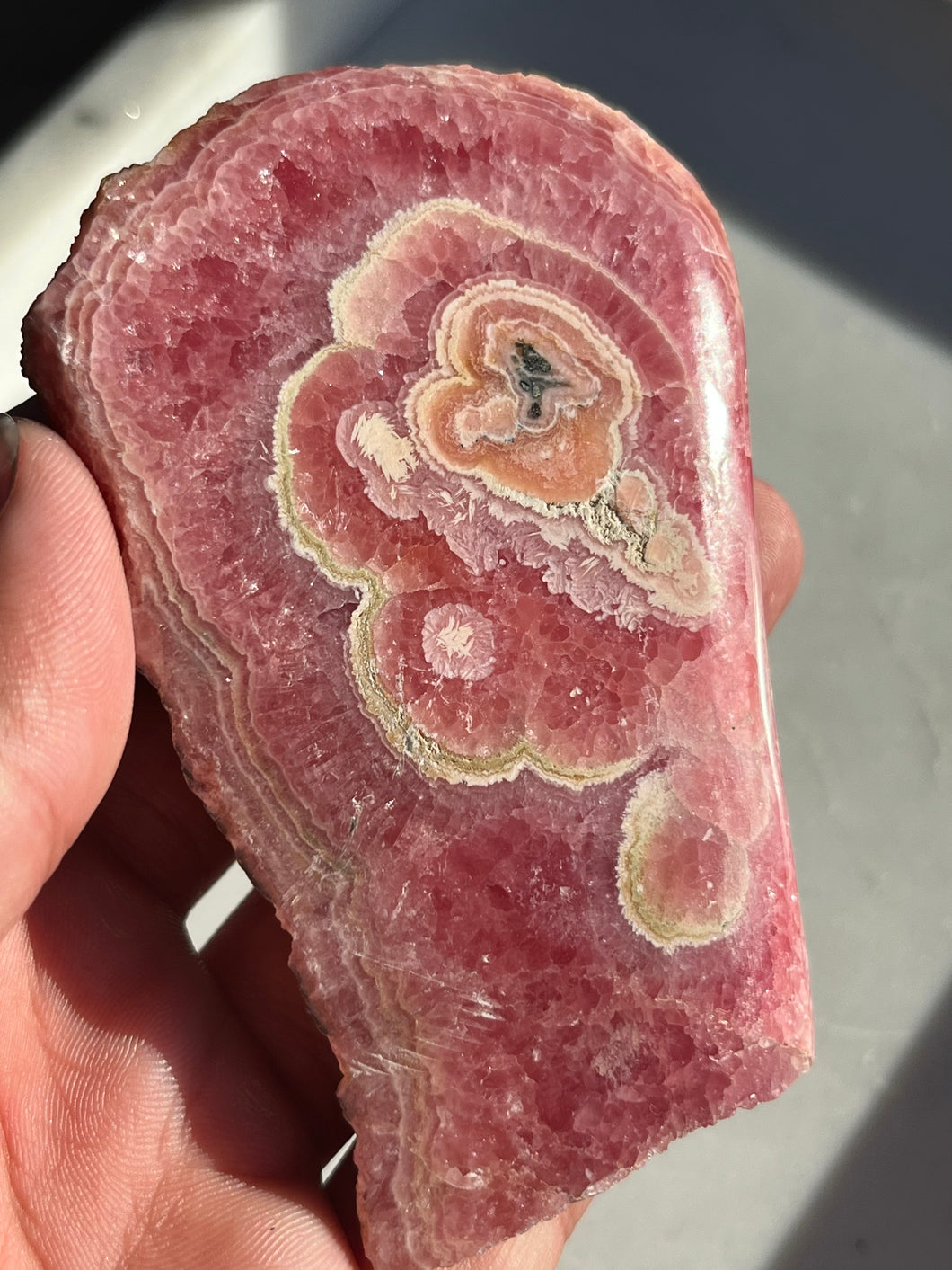 Gemmy Floral Pattern Rhodochrosite Freeform w/Pyrite Inclusions #15