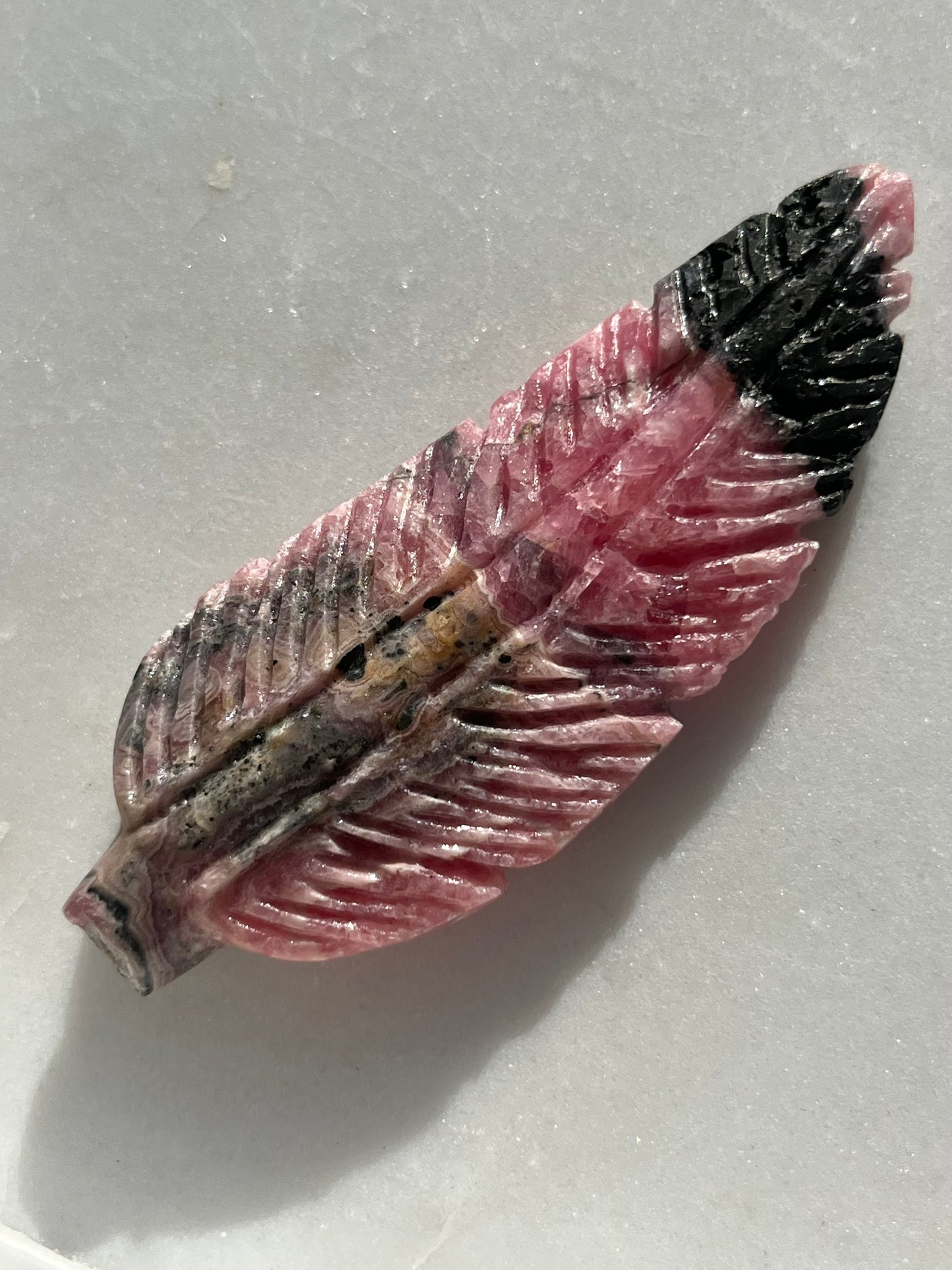 Rhodochrosite Feather Carving