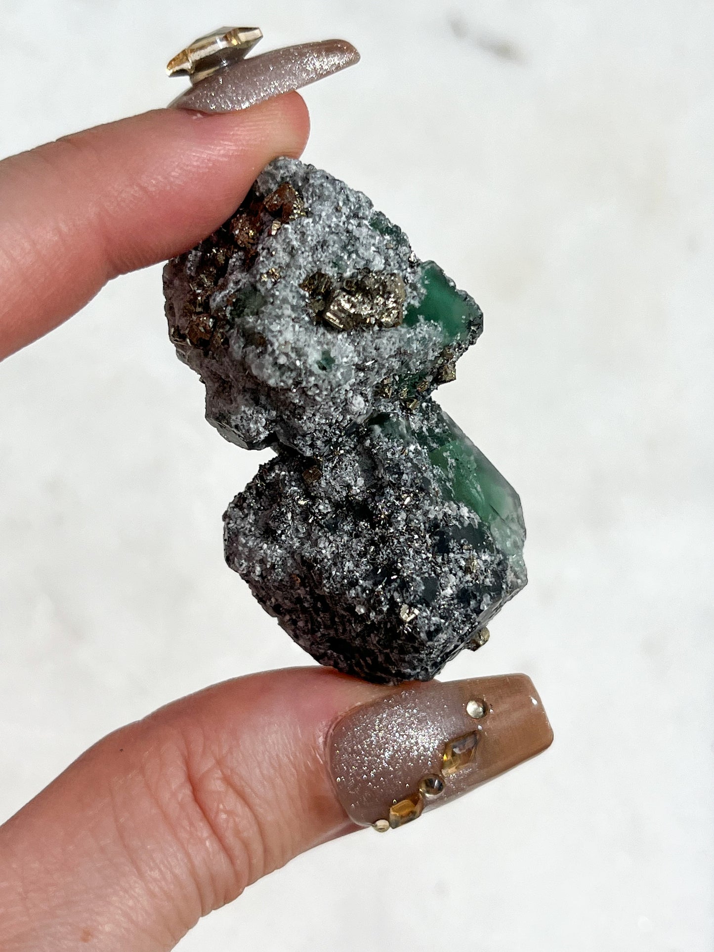 Double Octahedral Peruvian Green Fluorite Coated with Pyrite, Sphalerite & Galena #1 (Collector's Choice)