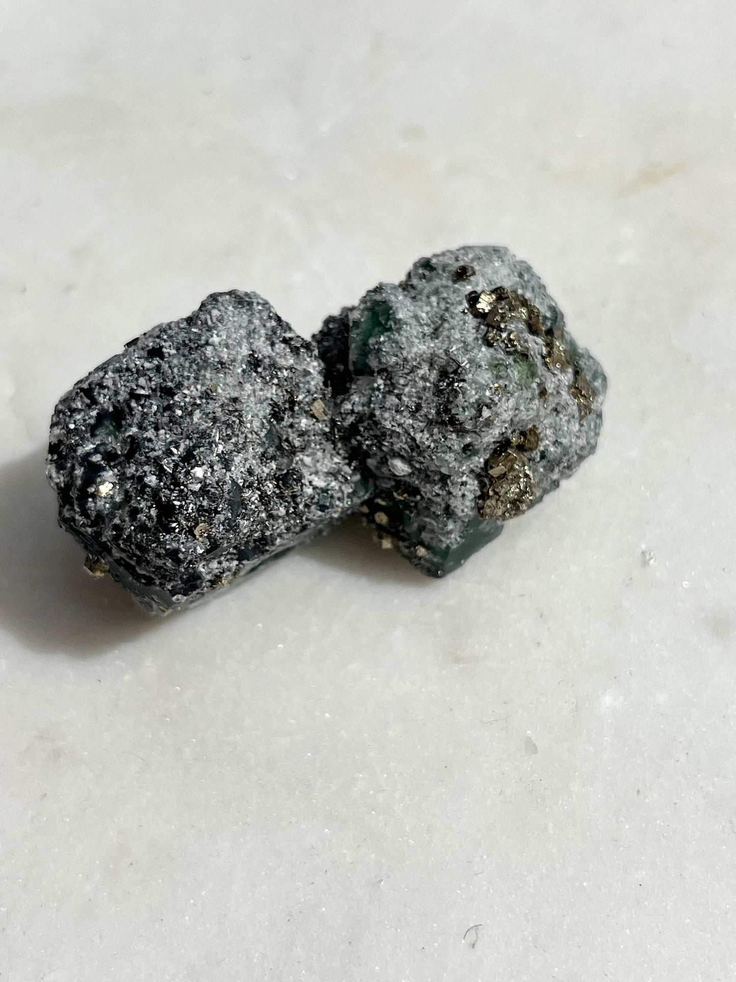 Double Octahedral Peruvian Green Fluorite Coated with Pyrite, Sphalerite & Galena #1 (Collector's Choice)