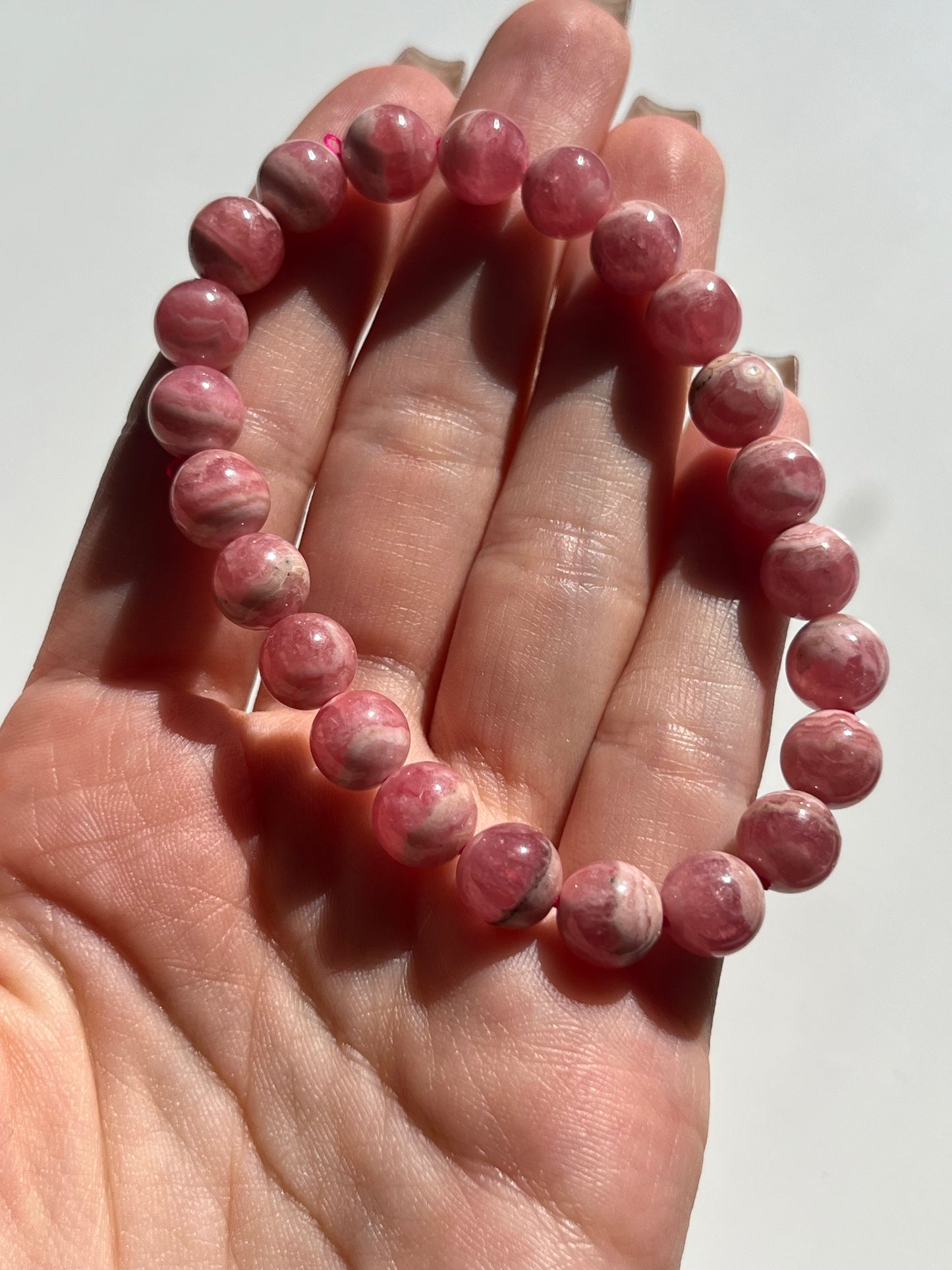 A Grade Gel Banded Rhodochrosite Bead Bracelet #C