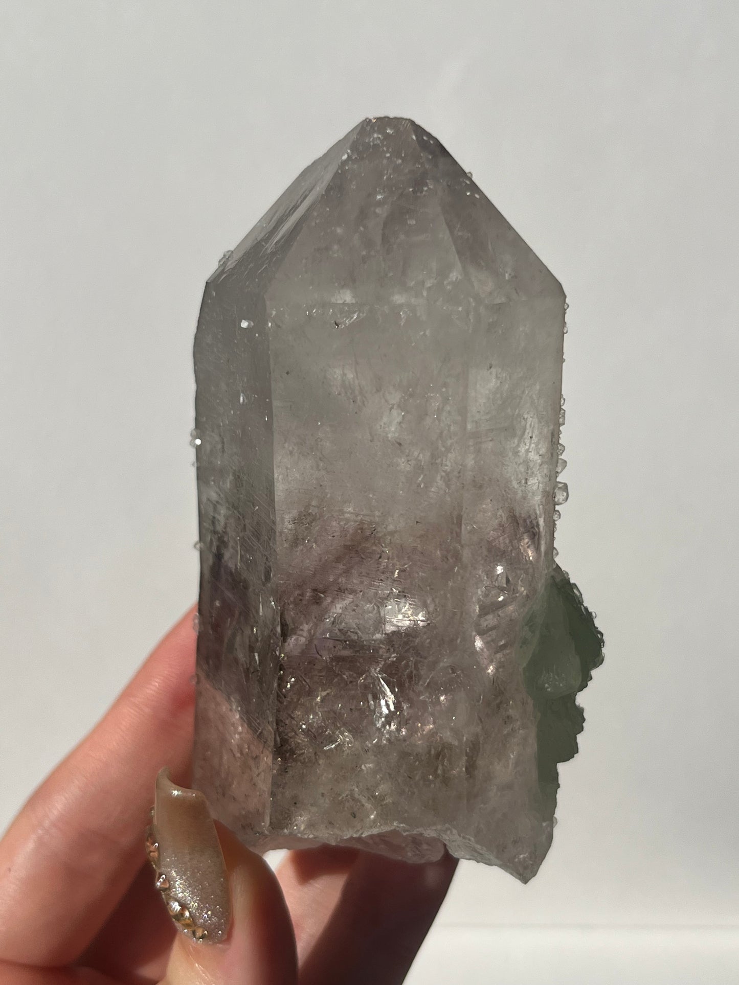 Hollow Core Streep Quartz with Analcime & Prehnite Coating with Epidote Inclusions Specimen with Enhydro (Collector’s Choice)