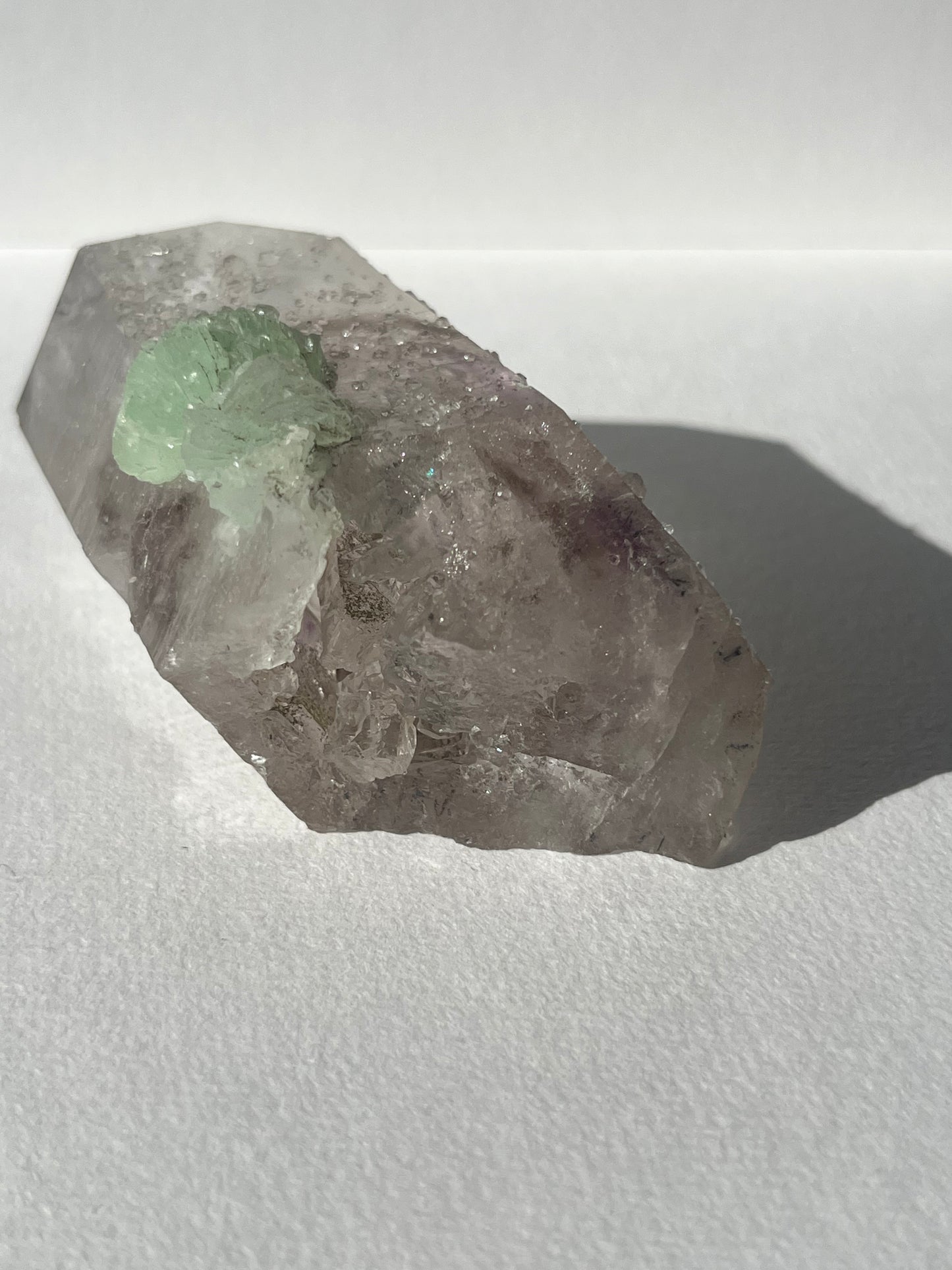Hollow Core Streep Quartz with Analcime & Prehnite Coating with Epidote Inclusions Specimen with Enhydro (Collector’s Choice)
