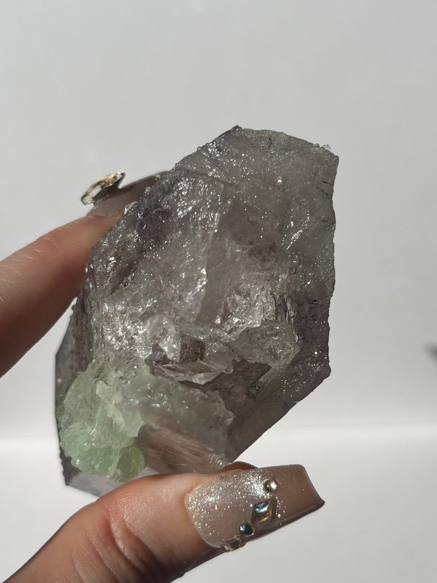 Hollow Core Streep Quartz with Analcime & Prehnite Coating with Epidote Inclusions Specimen with Enhydro (Collector’s Choice)