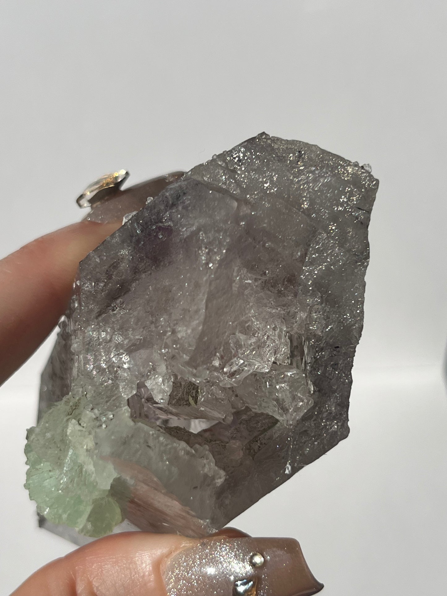 Hollow Core Streep Quartz with Analcime & Prehnite Coating with Epidote Inclusions Specimen with Enhydro (Collector’s Choice)
