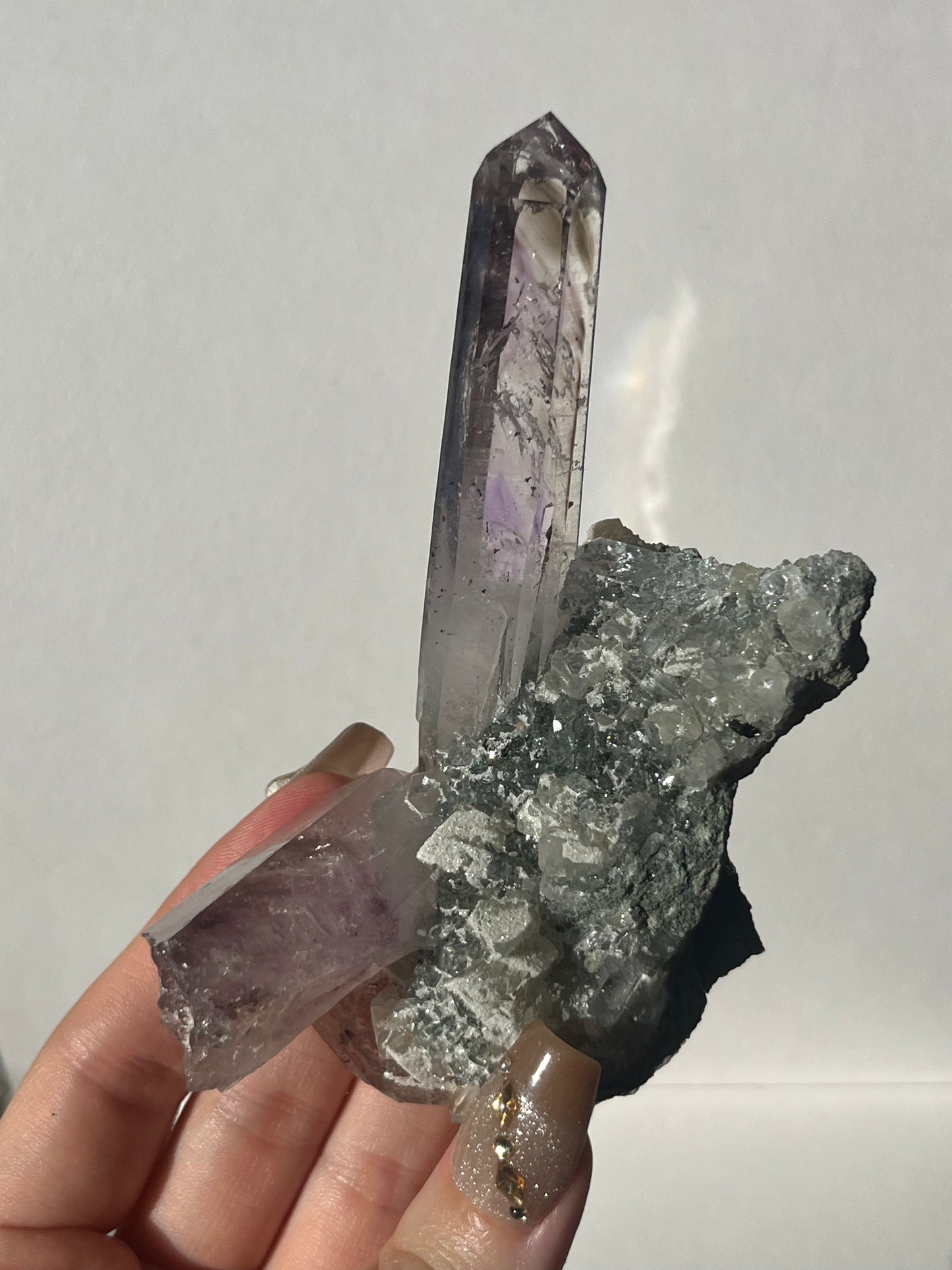 Smokey Phantom Amethyst on Matrix with Enhydro, Epidote & Druzy Coated Calcite Specimen F