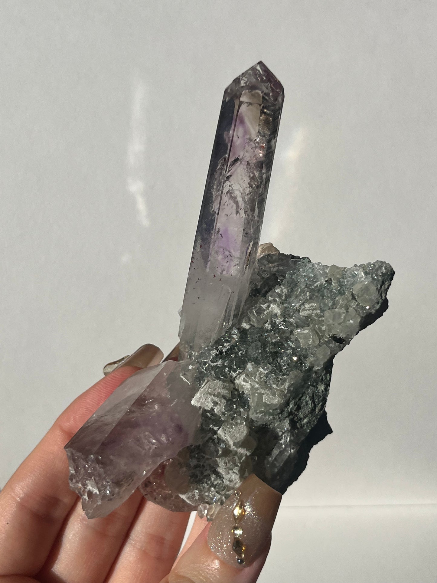 Smokey Phantom Amethyst on Matrix with Enhydro, Epidote & Druzy Coated Calcite Specimen F
