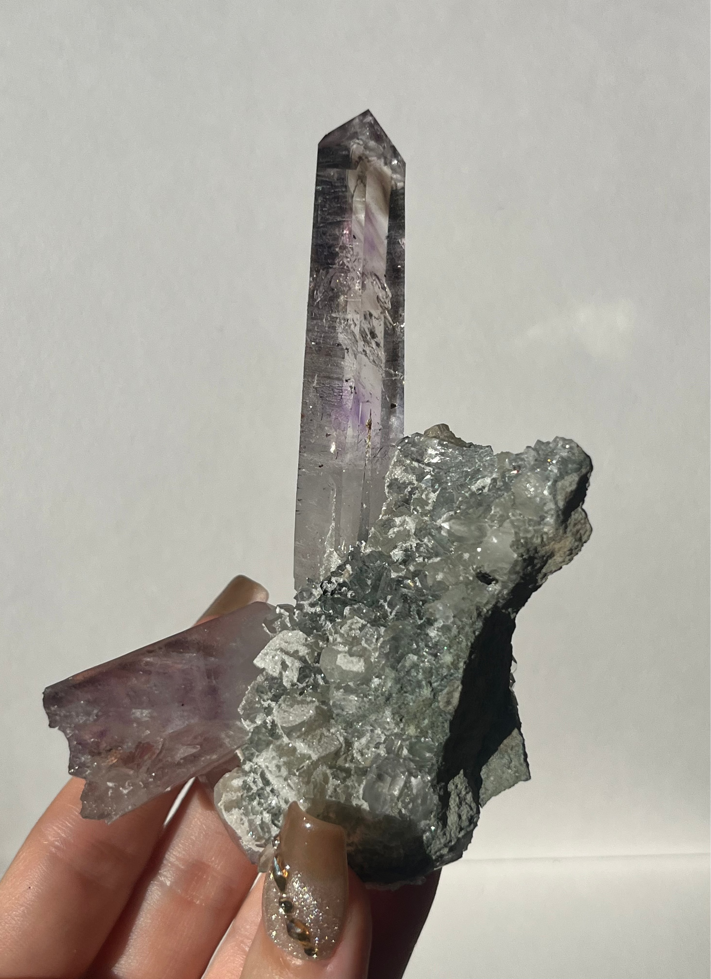 Smokey Phantom Amethyst on Matrix with Enhydro, Epidote & Druzy Coated Calcite Specimen F
