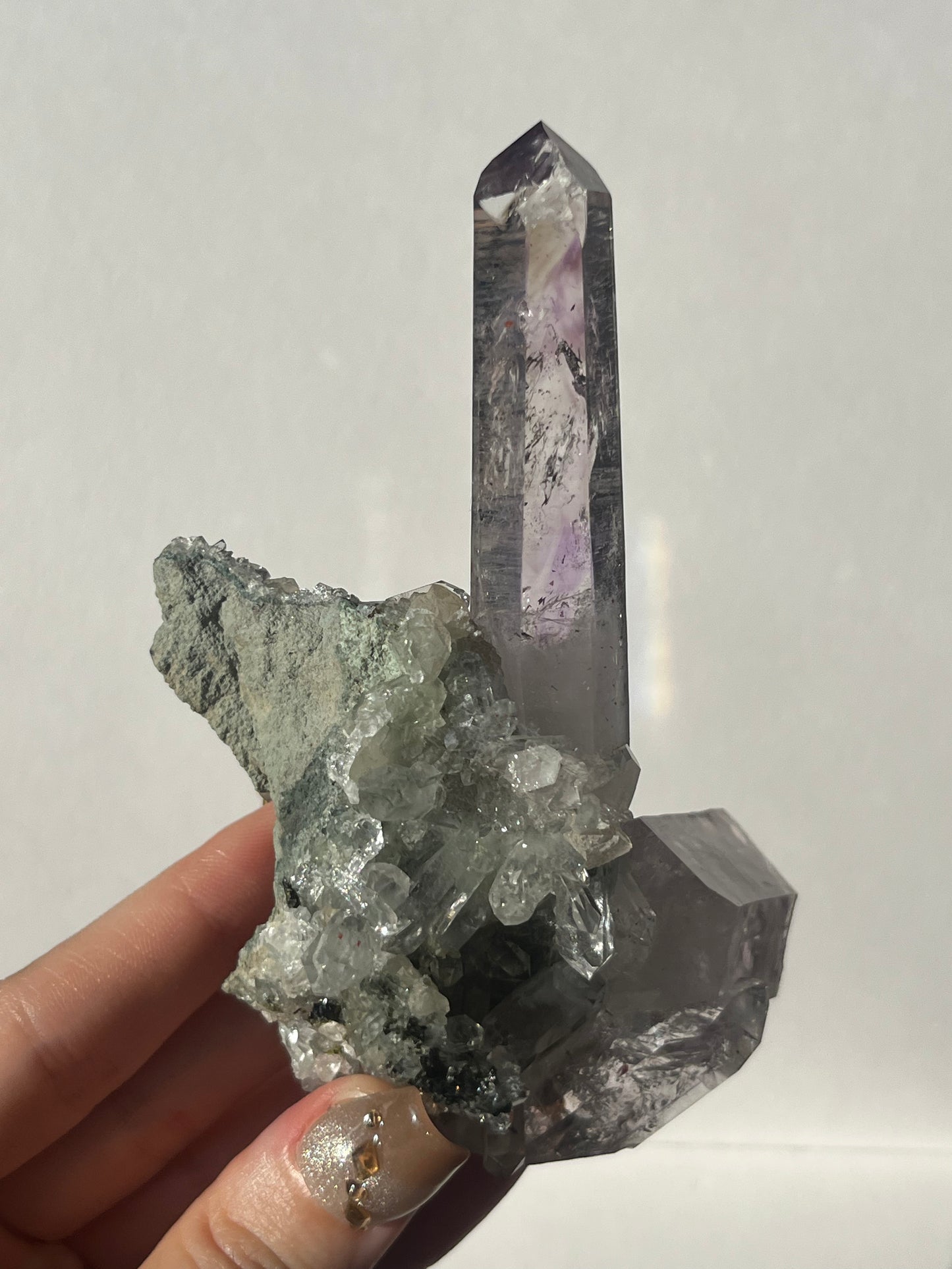 Smokey Phantom Amethyst on Matrix with Enhydro, Epidote & Druzy Coated Calcite Specimen F